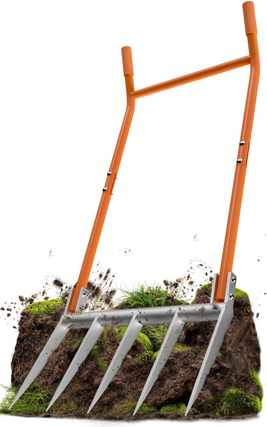 Heavy Duty 5-Tine Broad Fork for Gardening With Ergonomic U Shaped Handle All Steel Construction Rust Resistant Built to Dig Deep Aerate Soil Cultivate Garden Beds Farms and Tough Soil in action on soil