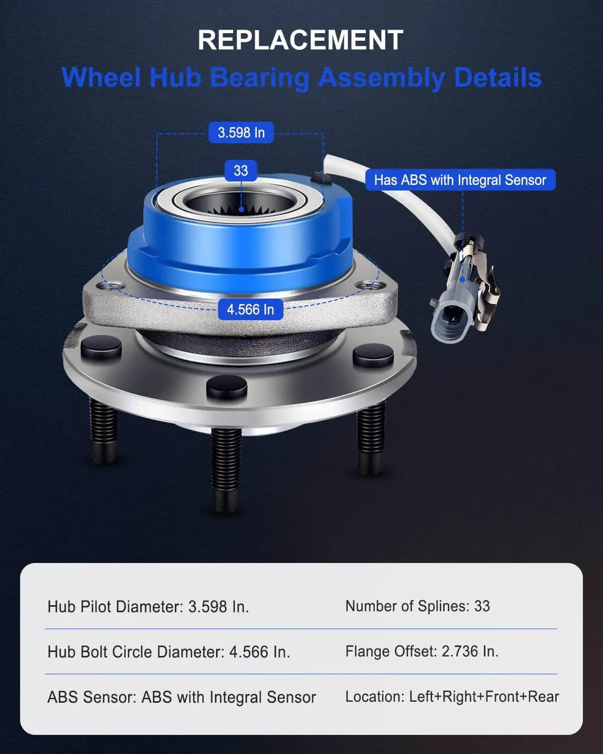 Set of 2 Front Wheel Hub Bearing Assemblies for Buick Century 1997-2005, Pontiac Bonneville 2000-2005, with ABS sensor details