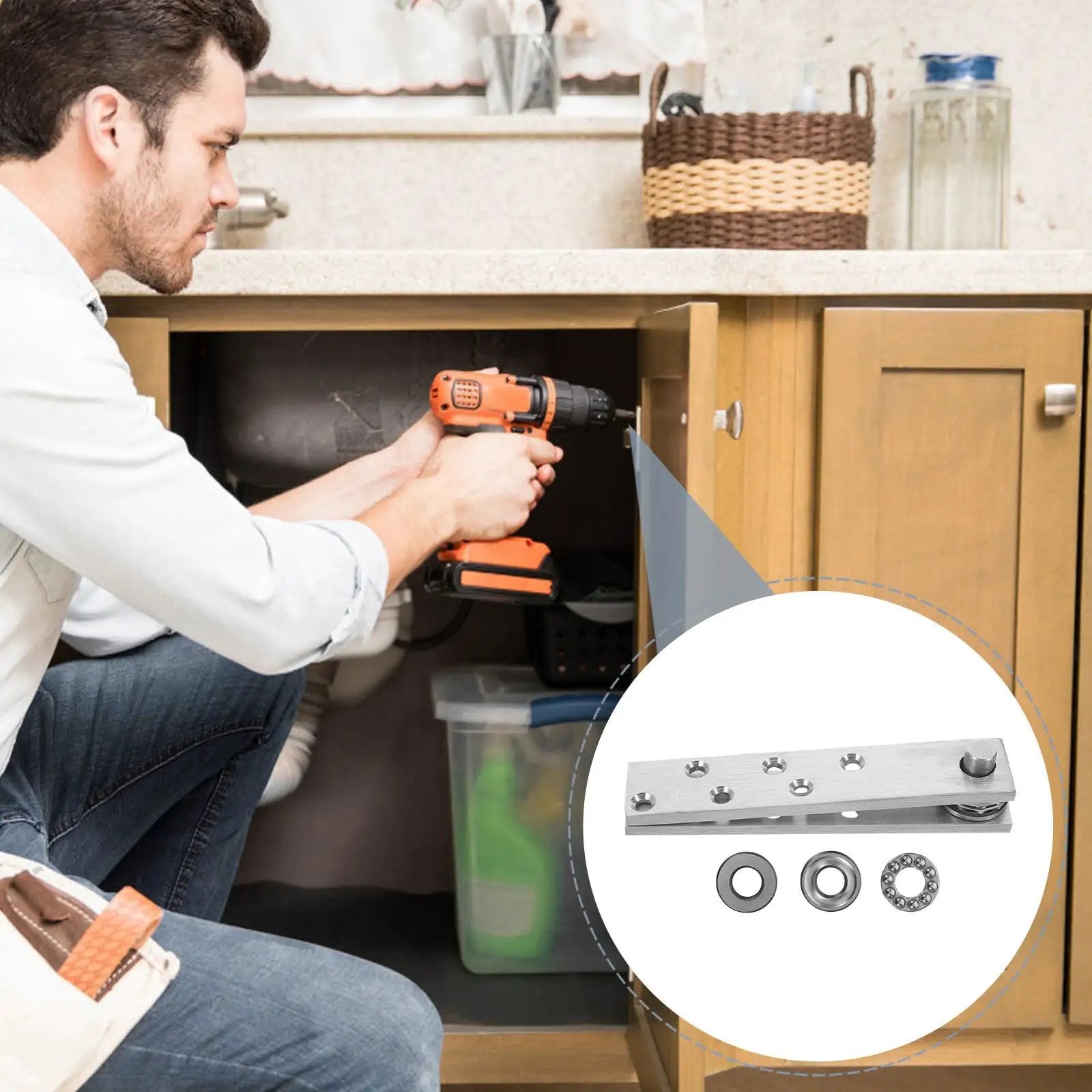 Man installing Heavy Duty Hidden Door Pivot Hinge With 360 Degree Rotation For Secret Doors Cabinets And Bookshelves Stainless Steel Stealth Concealed Invisible Hinges By NAMOARLY.