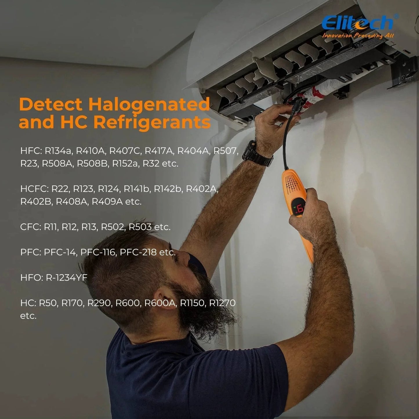 Technician using Automotive Refrigerant Leak Detector Pro With Heated Diode Sensor For Freon Leaks Detects R134A R410A R1234YF R600A R290 And All Halogenated Refrigerants Two Detection Modes Automatic And Manual Upgraded LD 100 Plus Long Life Sniffer on HVAC unit