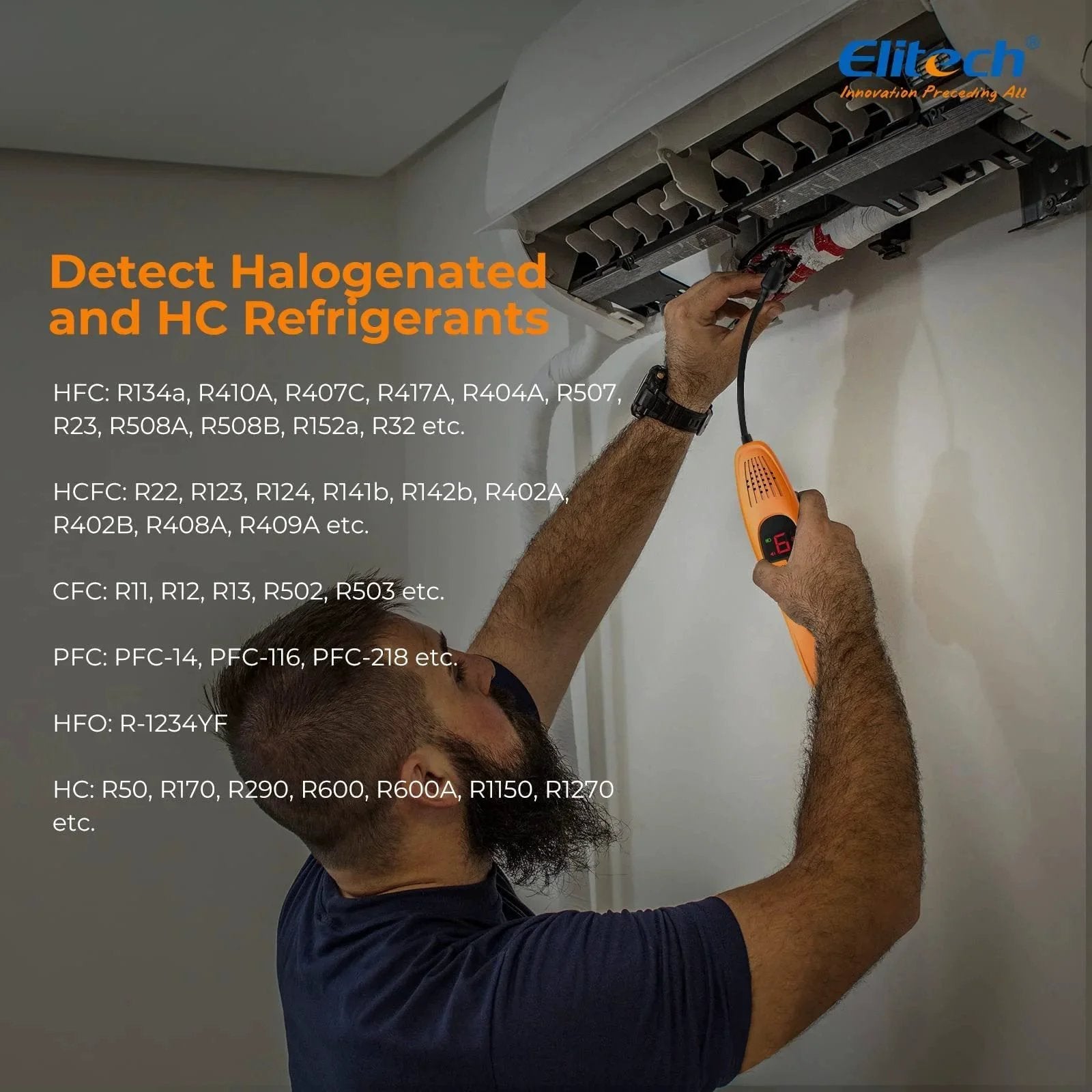 Technician using Automotive Refrigerant Leak Detector Pro With Heated Diode Sensor For Freon Leaks Detects R134A R410A R1234YF R600A R290 And All Halogenated Refrigerants Two Detection Modes Automatic And Manual Upgraded LD 100 Plus Long Life Sniffer on HVAC unit