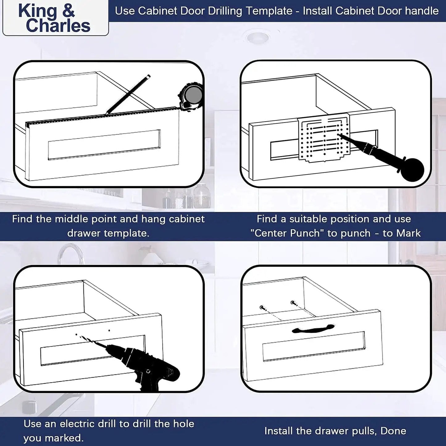 Illustration of Cabinet Hardware Template With Center Punch Kit for marking and drilling holes on drawers and doors.
