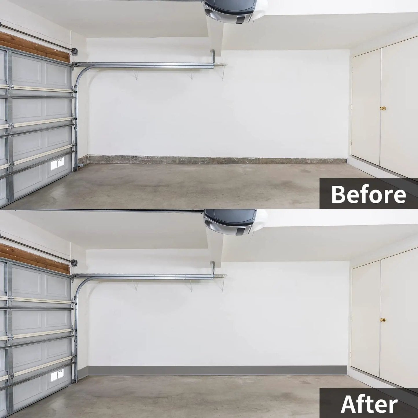 Before and after image of a garage wall showing installation of Flexible Baseboard Molding Trim 4 Inch By 20 Feet Self Adhesive Vinyl Wall Base.
