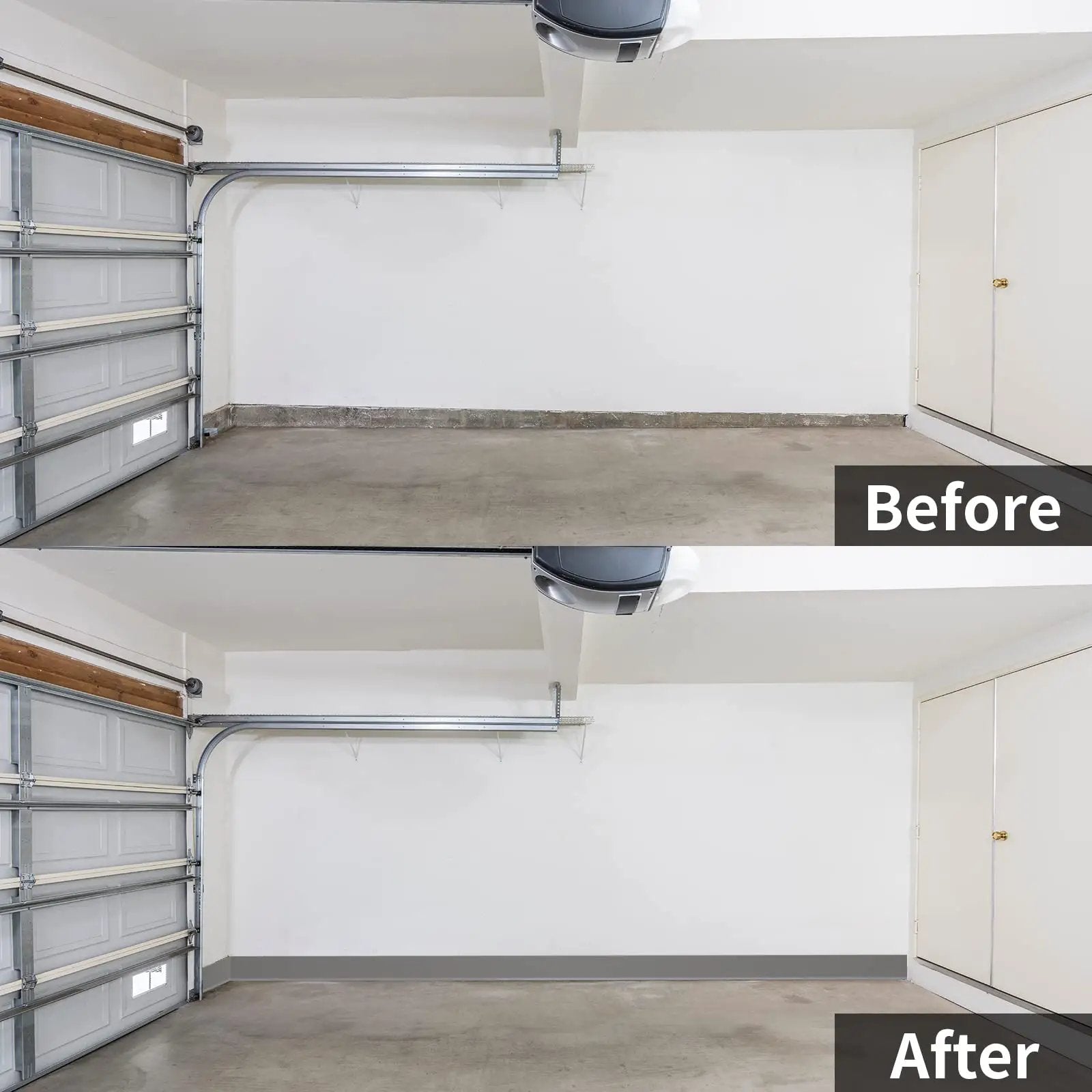 Before and after image of a garage wall showing installation of Flexible Baseboard Molding Trim 4 Inch By 20 Feet Self Adhesive Vinyl Wall Base.