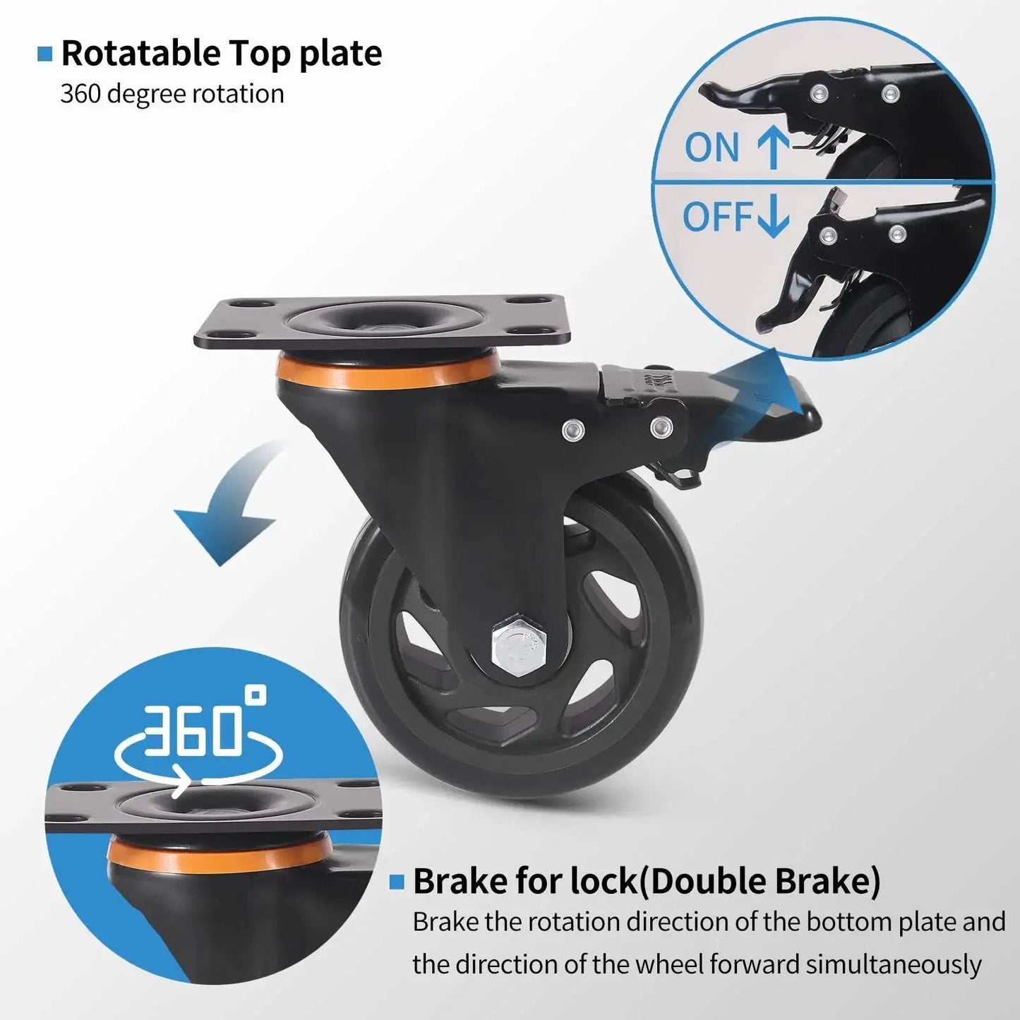 5 Inch Heavy Duty Caster Wheels Set Of 4 With Brakes And Dual Locking Safety Casters, highlighting rotatable top and double brake features