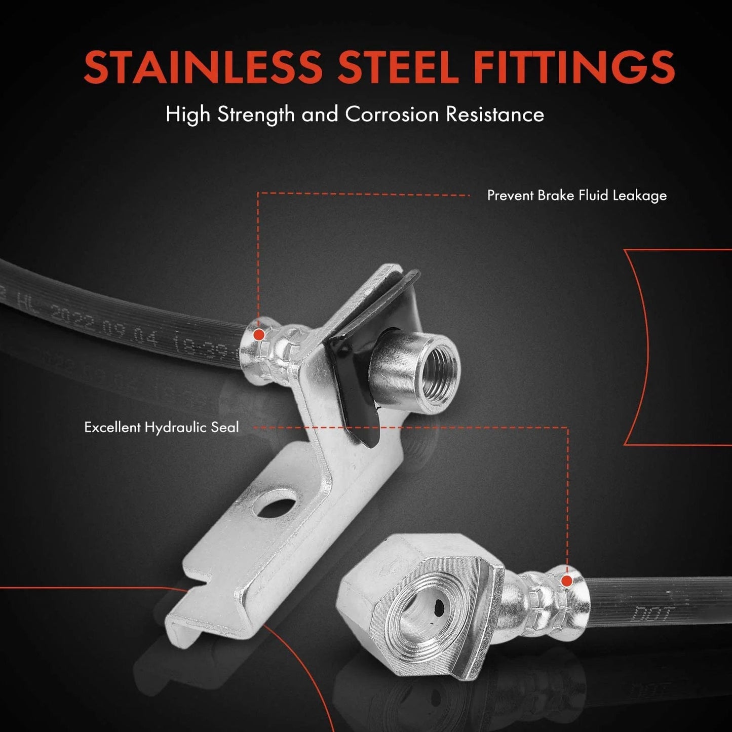 Close-up of stainless steel fittings on Front Brake Hydraulic Hose Set For Chevy GMC And Cadillac Trucks And SUVs Including High Quality OEM Style Silverado Sierra 1500 1500 Classic Tahoe Yukon Suburban Avalanche Escalade ESV EXT Pack Of 2 APremium