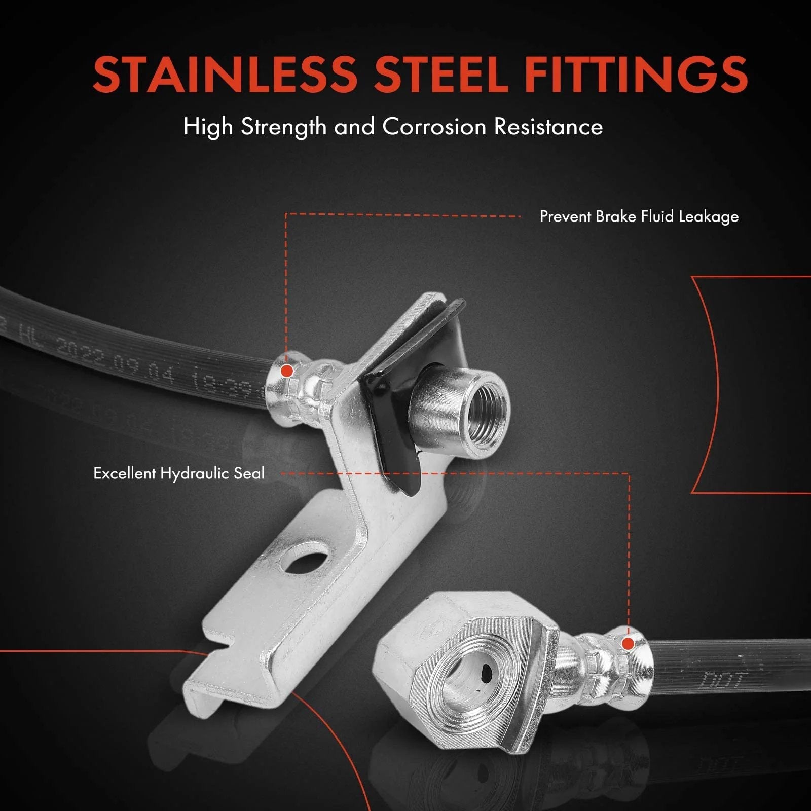 Close-up of stainless steel fittings on Front Brake Hydraulic Hose Set For Chevy GMC And Cadillac Trucks And SUVs Including High Quality OEM Style Silverado Sierra 1500 1500 Classic Tahoe Yukon Suburban Avalanche Escalade ESV EXT Pack Of 2 APremium
