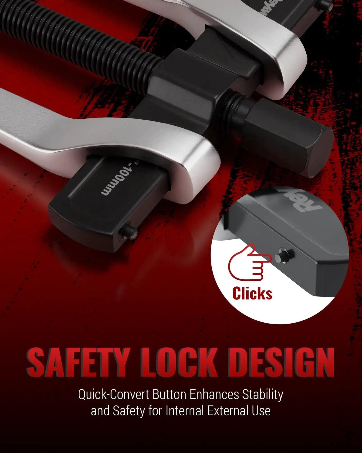 Two Jaw Reversible Gear Puller Set with safety lock design for external and internal removal, close-up of locking mechanism.
