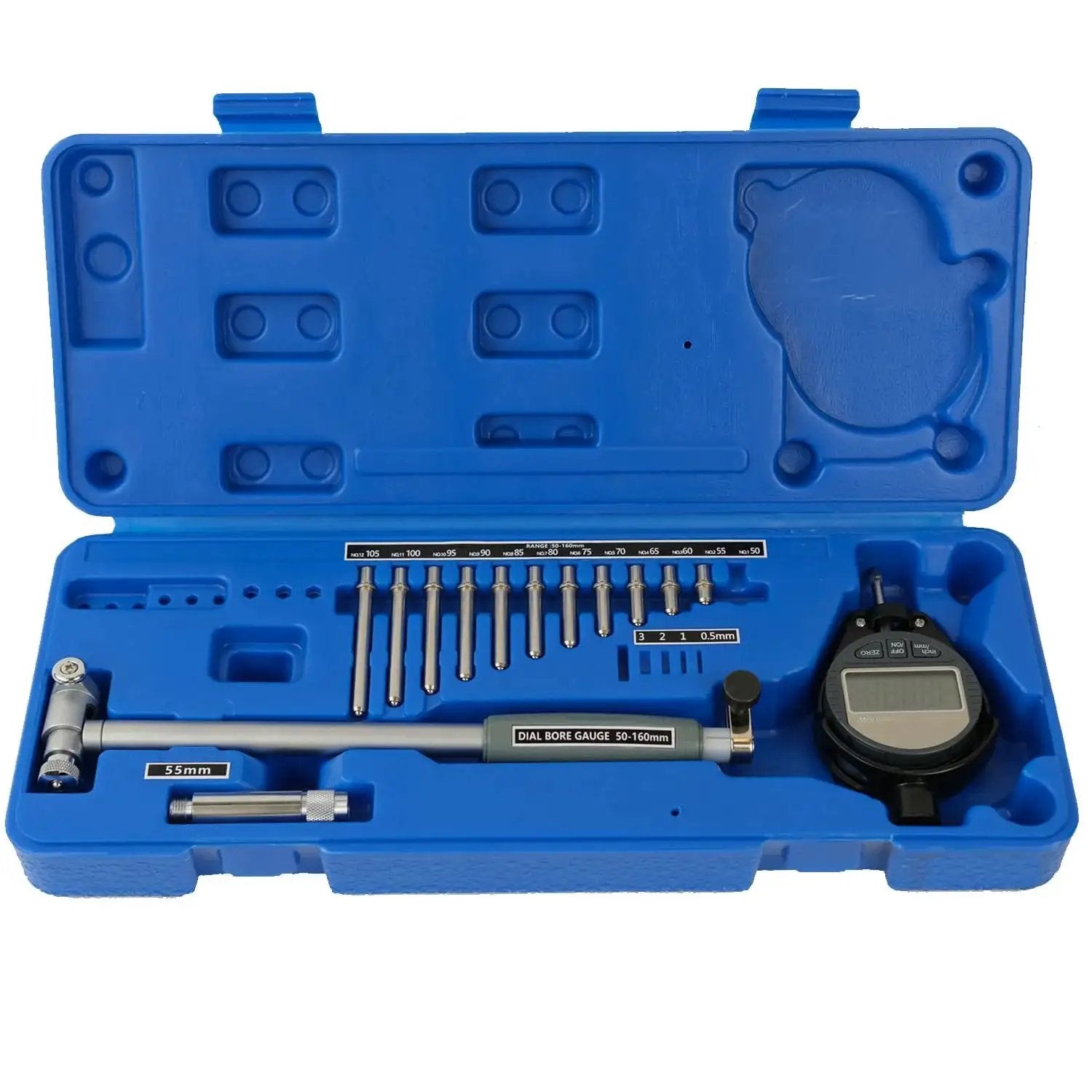 Digital Bore Gauge Set With LCD Dial Indicator For Cylinder Measurement In Engines 2 To 6 Inch Bore Range With 0.0003 Inch Precision Includes 12 Anvils HDLNKAK Gearhead Favorite Pro Grade Machinist Quality For Out Of Round And Cylinder Tolerance Checks in open blue case