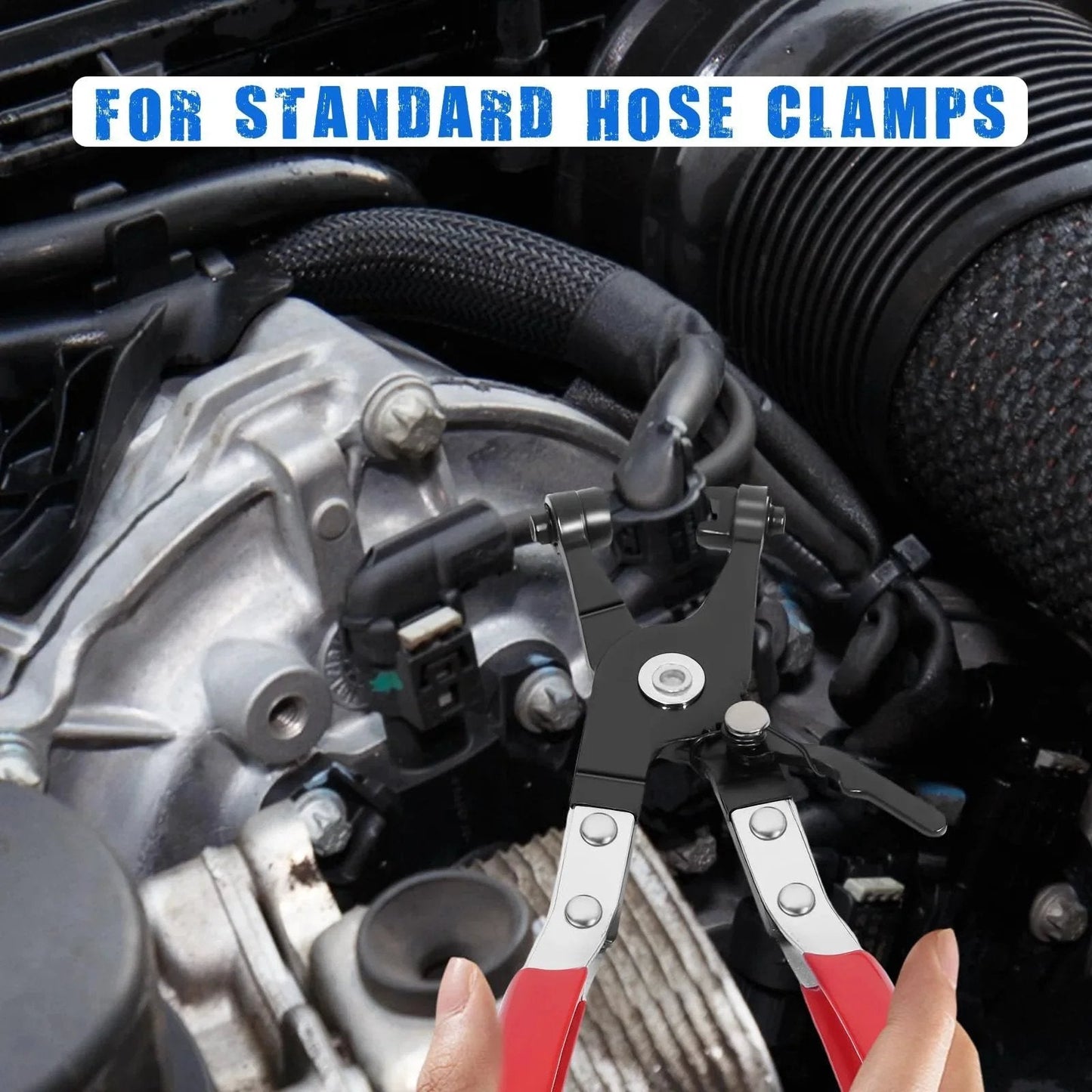 Close-up of 4 Piece Long Reach Hose Clamp Pliers Tool Set With Premium Hard Case For Automotive Radiator Hose Clamp Remover.