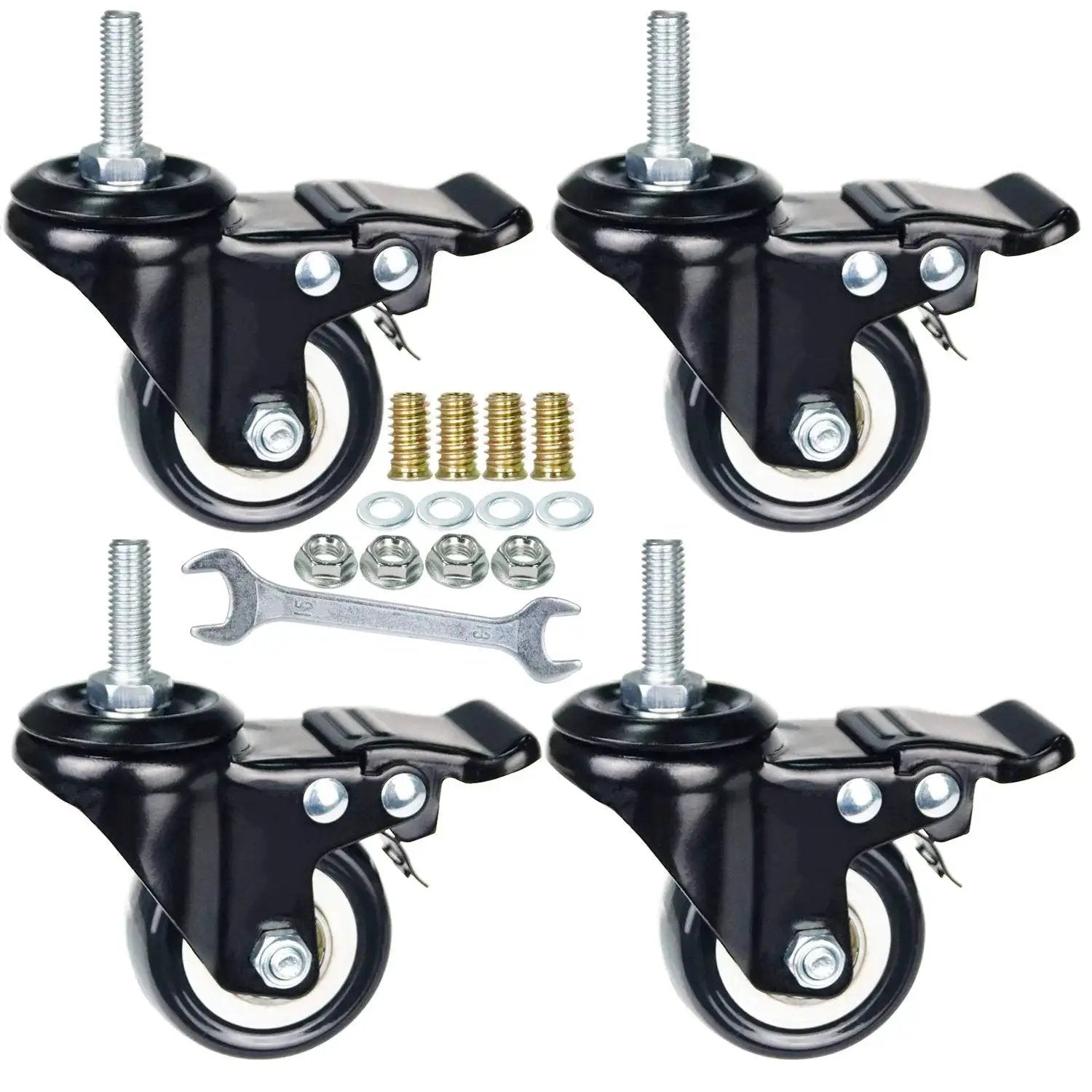 2 Inch Caster Wheels With M8x25mm Threaded Stem, 360 Degree Swivel With Double Brakes, Industrial Polyurethane Casters For Carts And DIY Tools, Pack Of 4 with installation tools