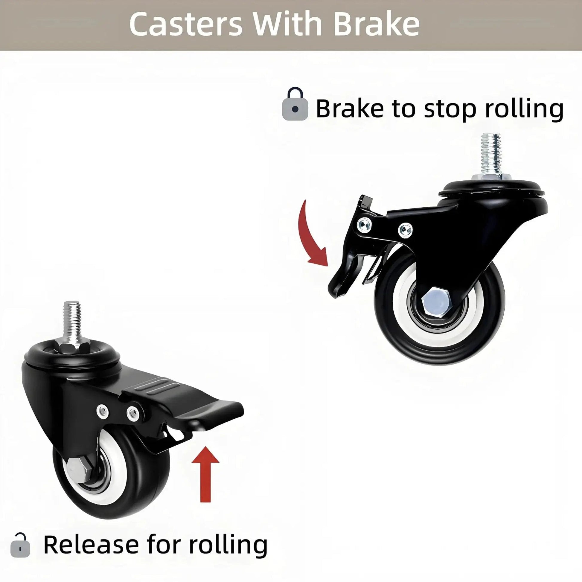 Illustration of caster wheels set of twelve 2 inch heavy duty swivel casters with dual brakes and M8 threaded stem.