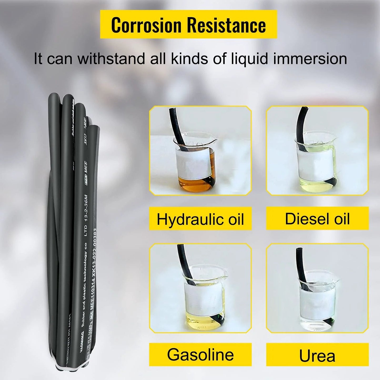 Heavy Duty 50 Feet Hydraulic Hose With Two High Tensile Steel Wire Braids Half Inch Inner Diameter 5000 PSI Max -40F To 250F Temperature Range Flexible Synthetic Rubber Hose For Hydraulic Oil And Heavy Equipment showing corrosion resistance with various liquids