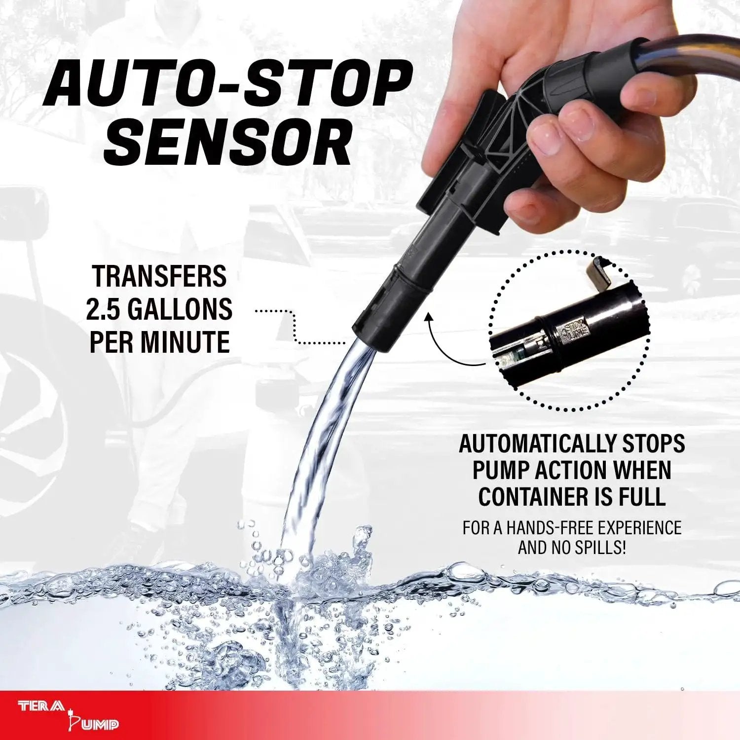 Battery Powered Fuel Transfer Pump With Overfill Protection 2.5 GPM 4.27 Ft Hose displaying auto-stop sensor feature.