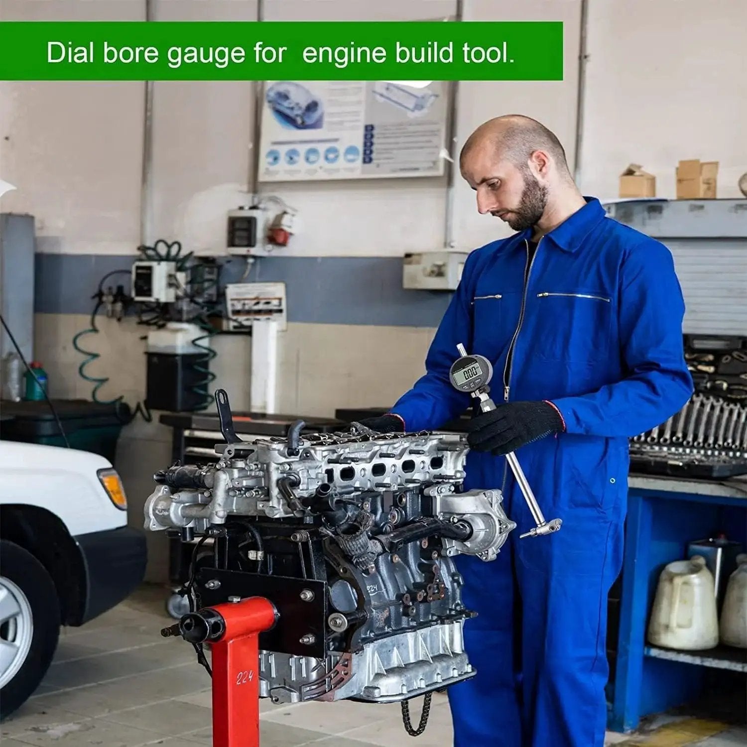 Mechanic using Digital Bore Gauge Set With LCD Dial Indicator For Cylinder Measurement In Engines 2 To 6 Inch Bore Range