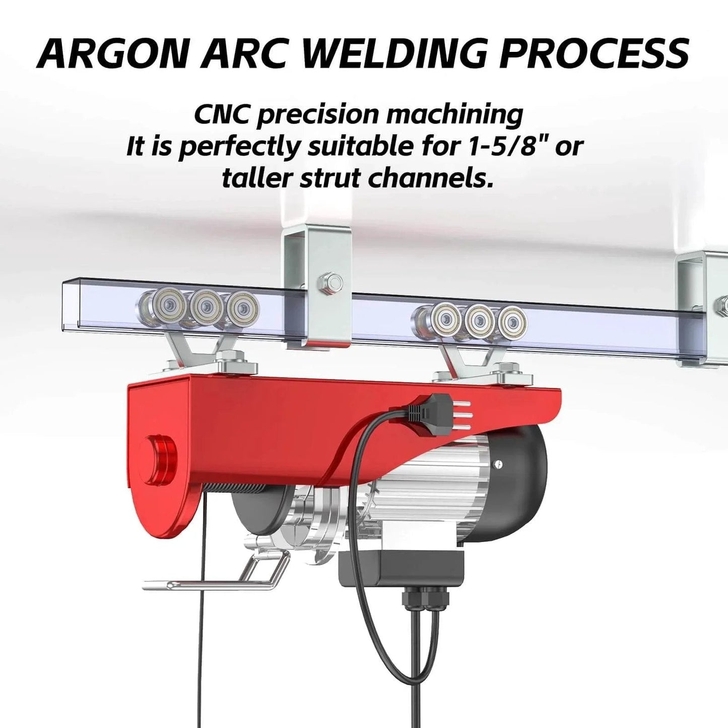 Six Wheel Trolley Assembly For Electric Hoist With Silent Rollers Easy Installation Compatible With Unistrut displayed in use.