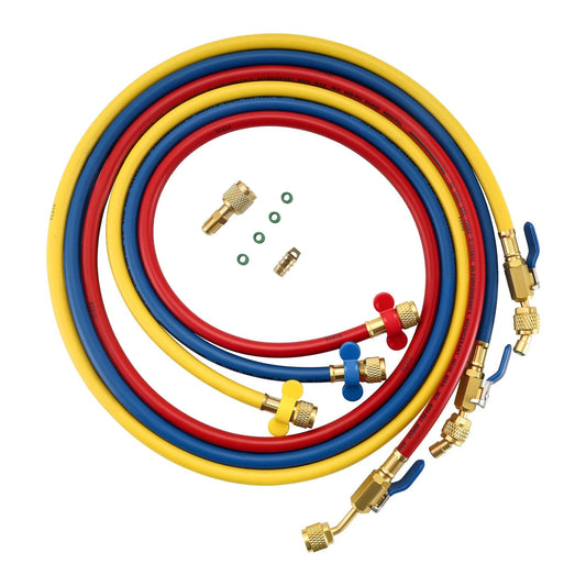 Color Coded A2L Refrigerant Hose Set With Ball Valve Sixty Inch Length One Quarter Inch Left Handed R454B Adapter For R1234YF And R454B
