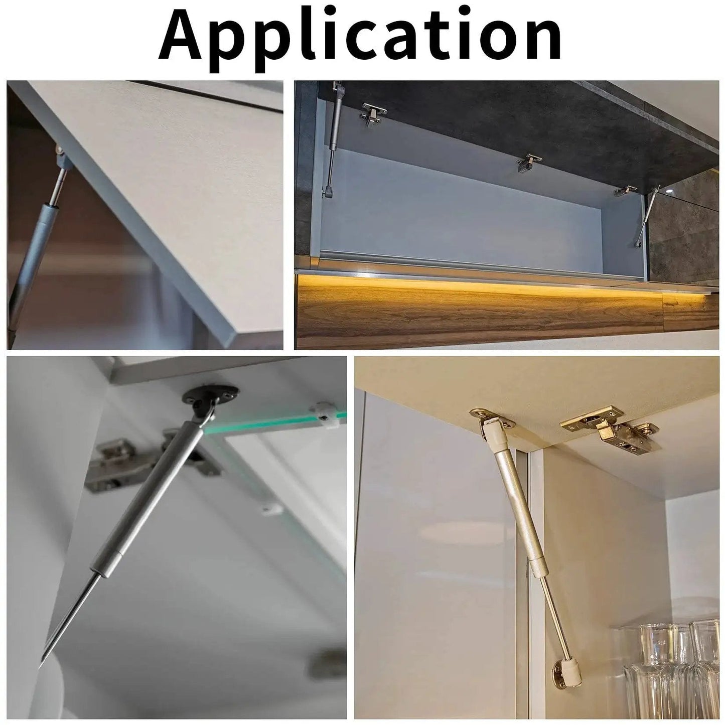 Two Pack Gas Springs Set For Cabinet Doors With 100N Lift Supports 22.5 Lb Soft Close Hinges installed in different cabinets