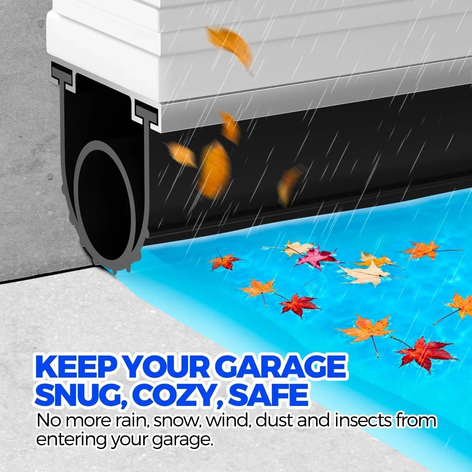 Weatherproof EPDM Garage Door Seal For Bottom Weather Stripping Kit 22 Feet Black Five Sixteenth Inch T End Four And One Eighth Inch Wide Holikme Flexible Durable Weather Resistant installed with rain and leaves outside.