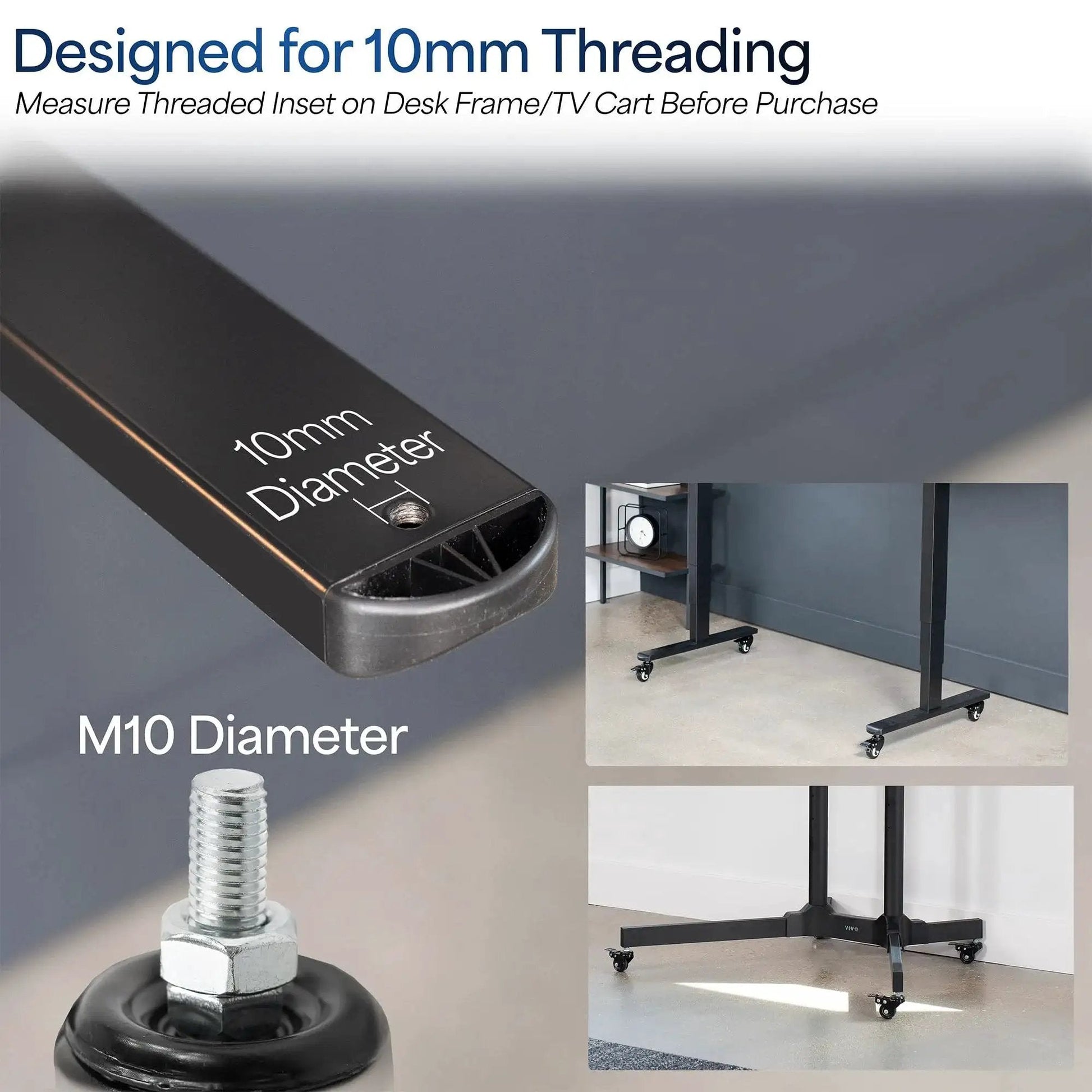 Heavy Duty 2 Inch M10 Threaded Locking Casters showing 10mm threading for desks, TV stands, carts setup