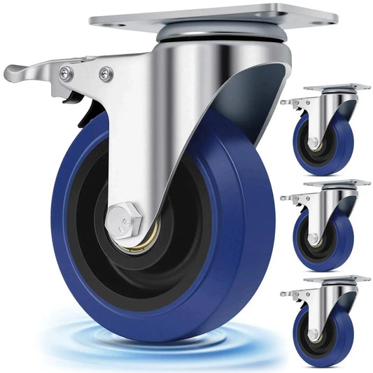 4 Inch Soft Rubber Caster Wheels With Brakes Heavy Duty Plate Swivel Castors Industrial Grade 1800 Lb Capacity Blue Floor Safe Casters.