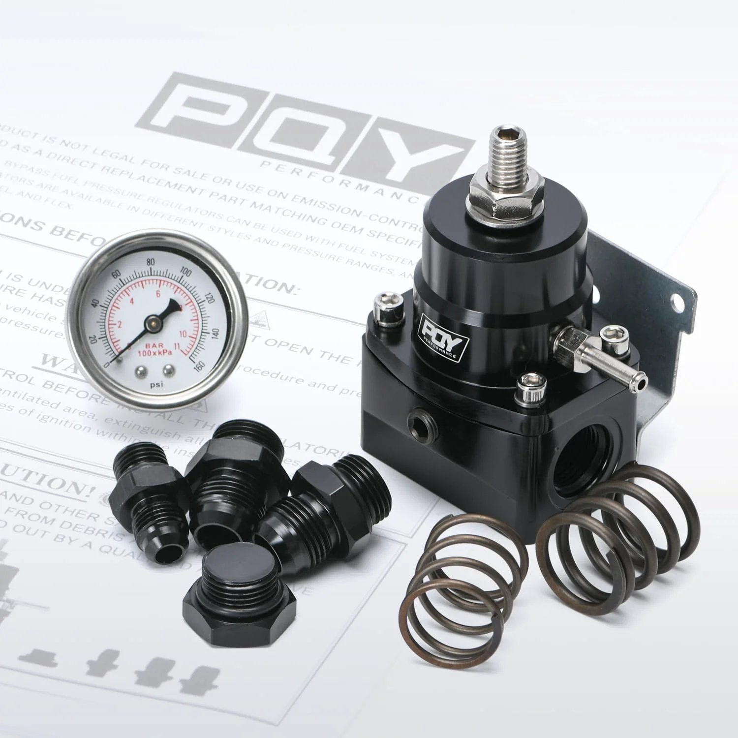 Adjustable EFI Fuel Pressure Regulator Kit Beefed-Up From 3 To 70 PSI With AN8 Feed Port And AN6 Return Port, Billet Aluminum, 1/8 NPT Gauge Port, Vacuum Boost Line, Black.