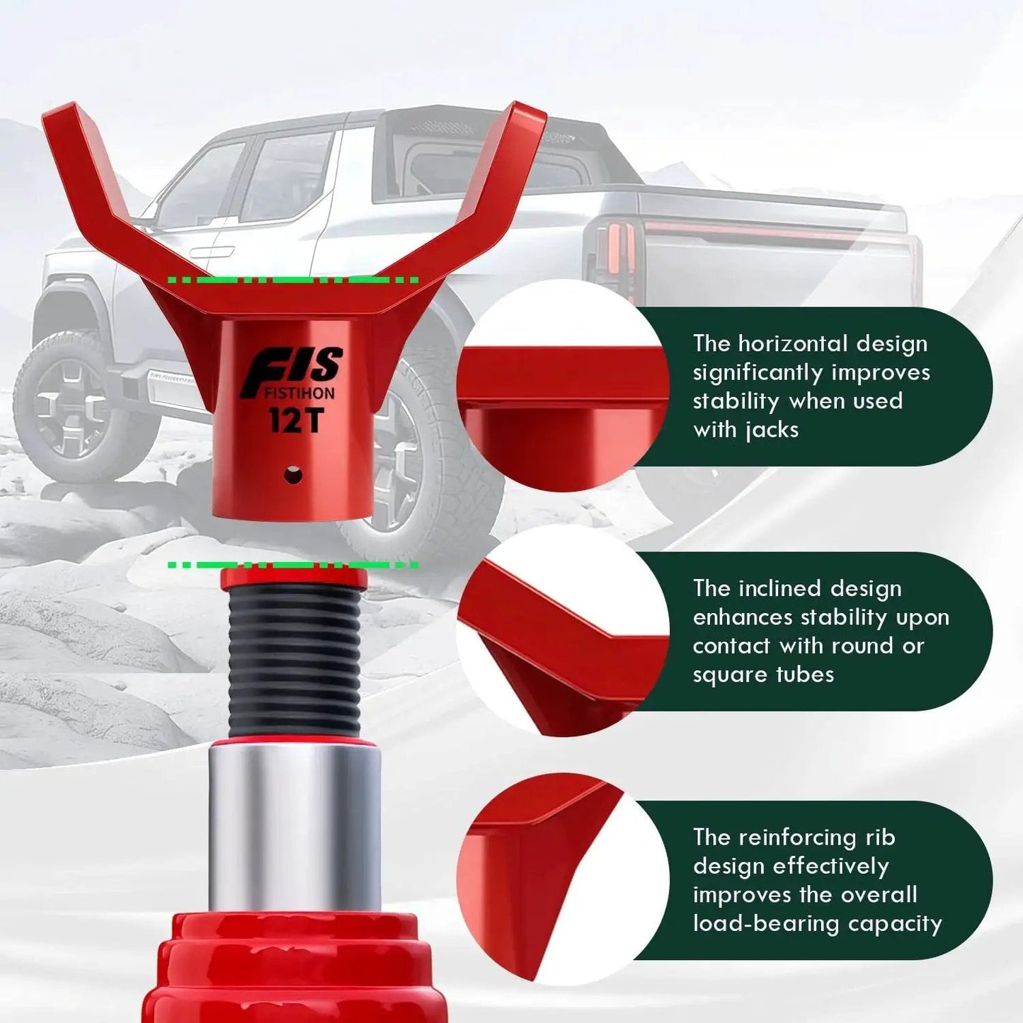 12 Ton Bottle Jack Adapter Fits 1.65 In Axles With 3 And 4 In Lift Pads And Tilt, shown with vehicle in background