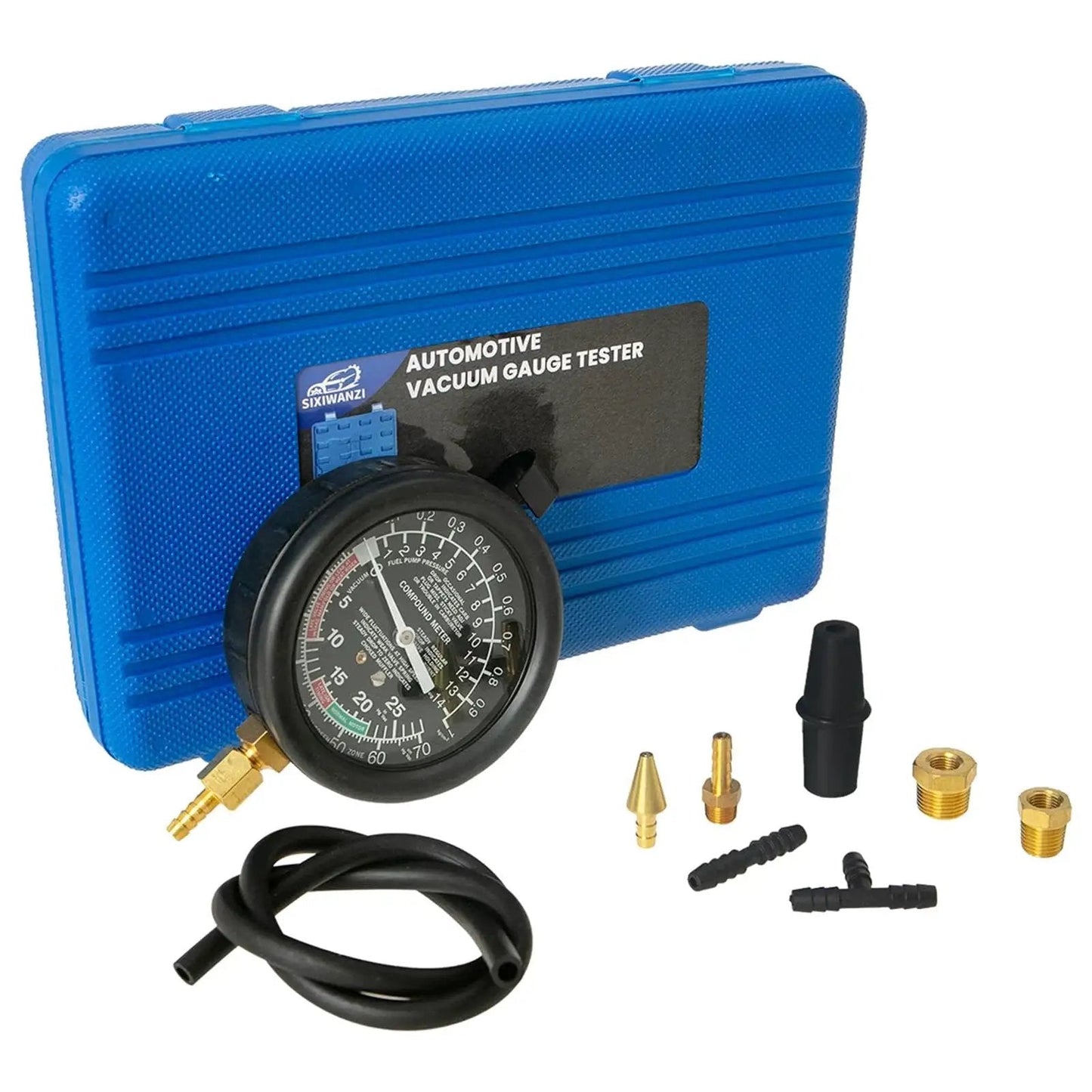 Universal Vacuum Gauge For Cars And Trucks Engine Diagnostics Kit with gauge, hose, adapters, and blue case