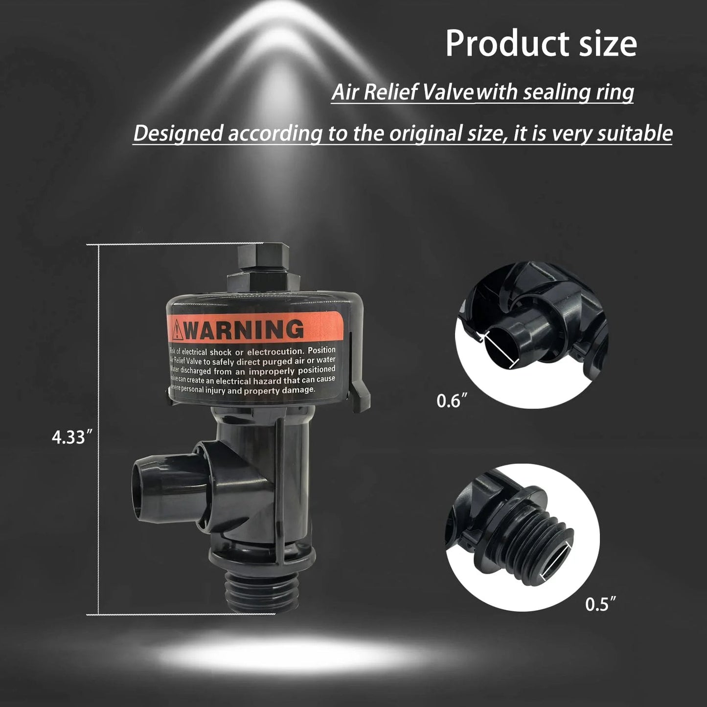 High Flow Manual Air Relief Valve With Pressure Gauge For Swimming Pool And Spa Filters Compatible With Warrior FNS FNS Plus SMBW 2000 4000 Series Fits CCP100 CCP320 CCP420 CCP520 Quad DE 60 80 100 Replacement 188592 product dimensions showing warning label and components.