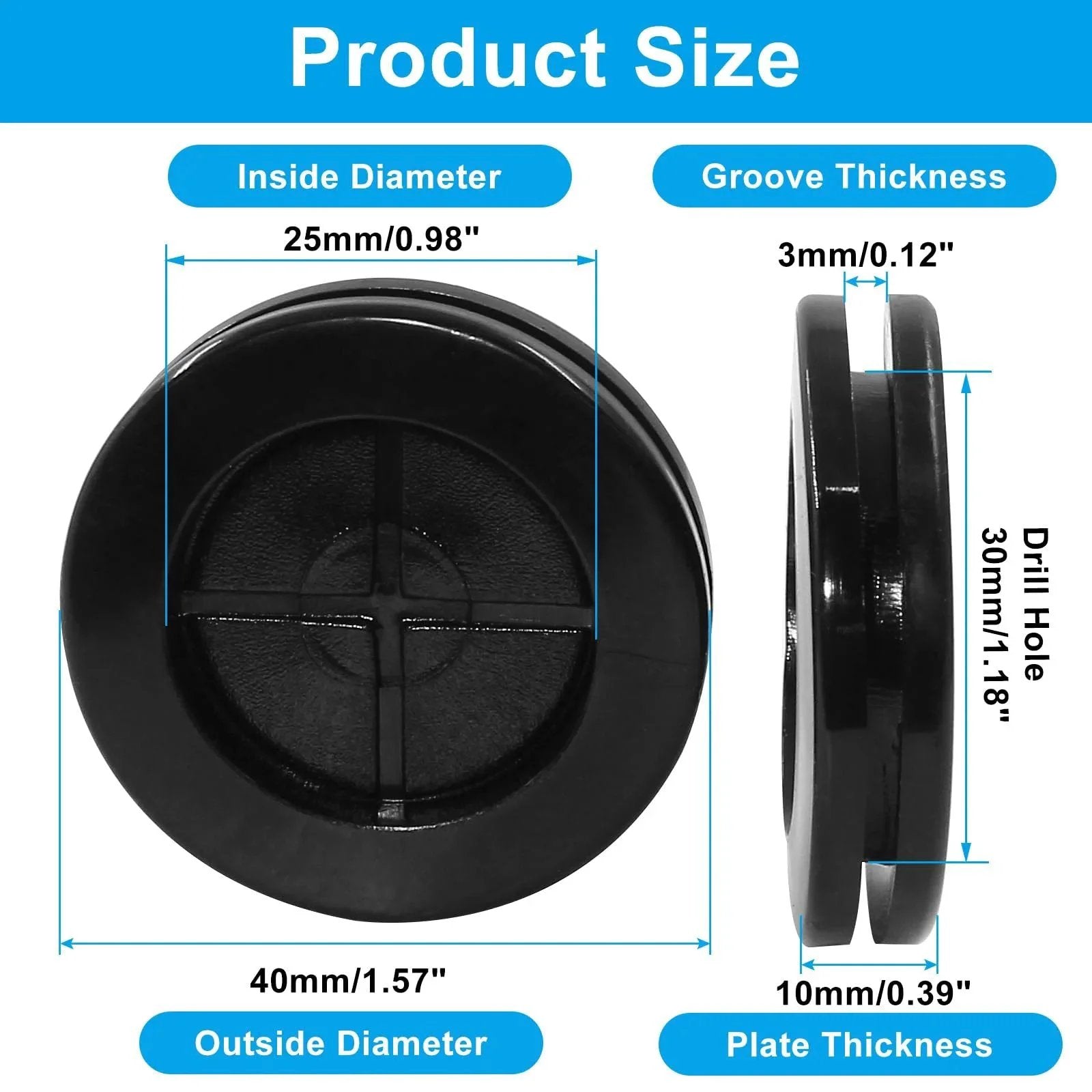 15Pcs Black Rubber Grommets For Wiring 1 Inch Inner Diameter And 30mm Drill Hole, side and front view with size dimensions.