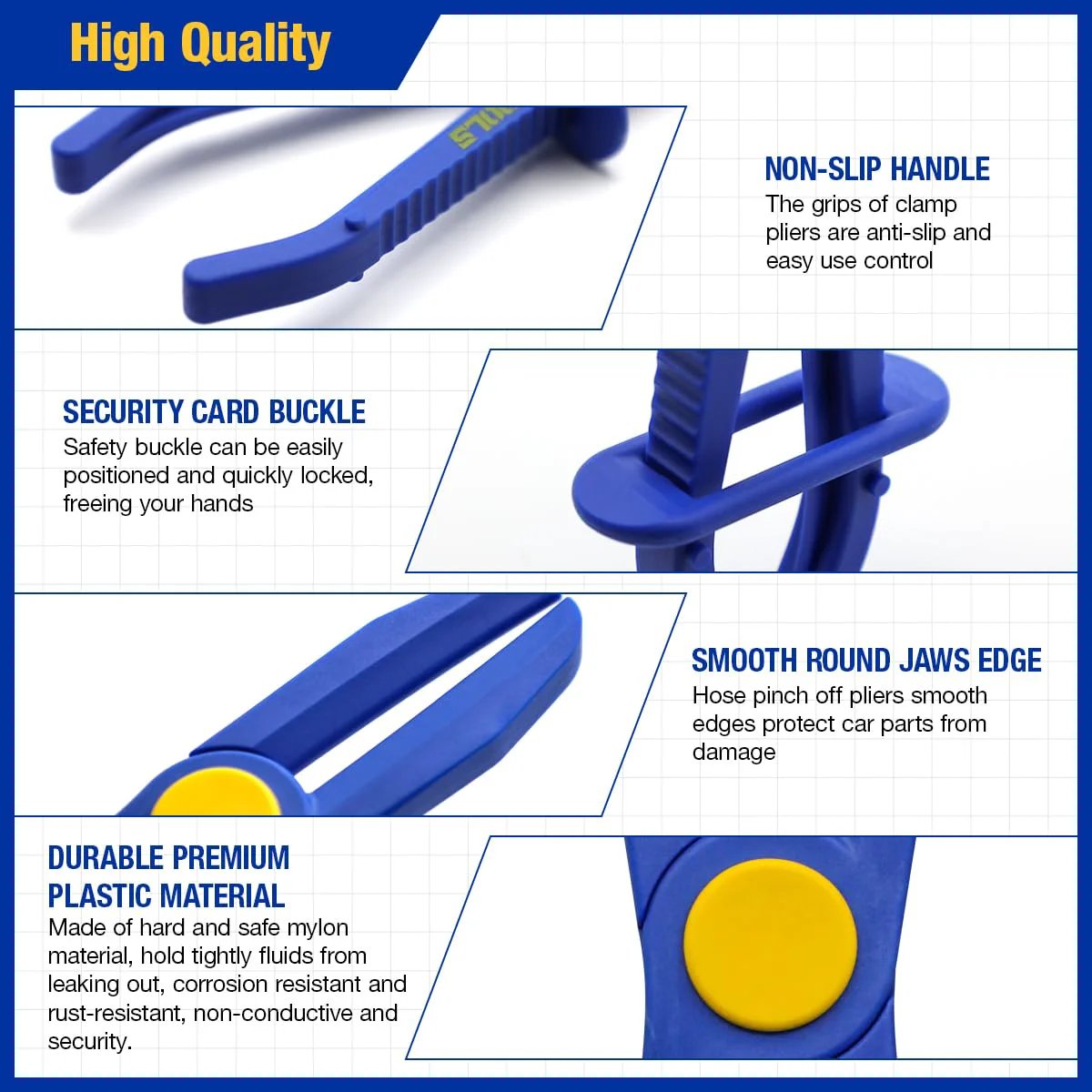 Close-up of 6 Piece Hose Pinch Clamp Pliers Set For Brake Fuel Radiator Hoses All In One Kit With 3 Sizes And Oxford Tool Bag