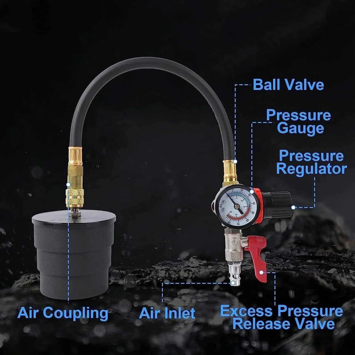 Turbo Boost Leak Tester Kit For Turbo System With Pressure Gauge 10 Piece Leak Down Tester Set Includes Four Pairs Of Stepped Adapters From 1.38 To 3.54 Inches For Easy Troubleshooting Of Turbo Leaks And Cooling System Piping Angchun, showing components labeled with air coupling, pressure gauge, and valves.