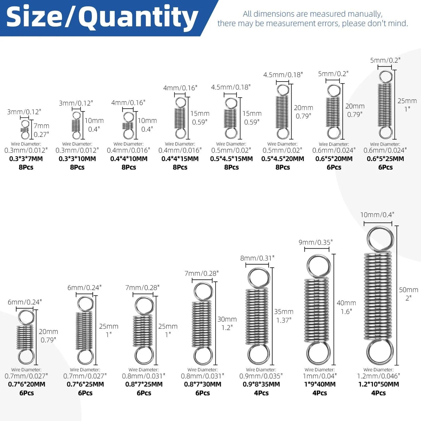Stainless Steel Extension Springs Set With Double Hooks 96 Piece Assortment In 15 Sizes For Machinery Construction And Industrial Projects Perfect For Heavy Duty Tension And Reliable Linkage