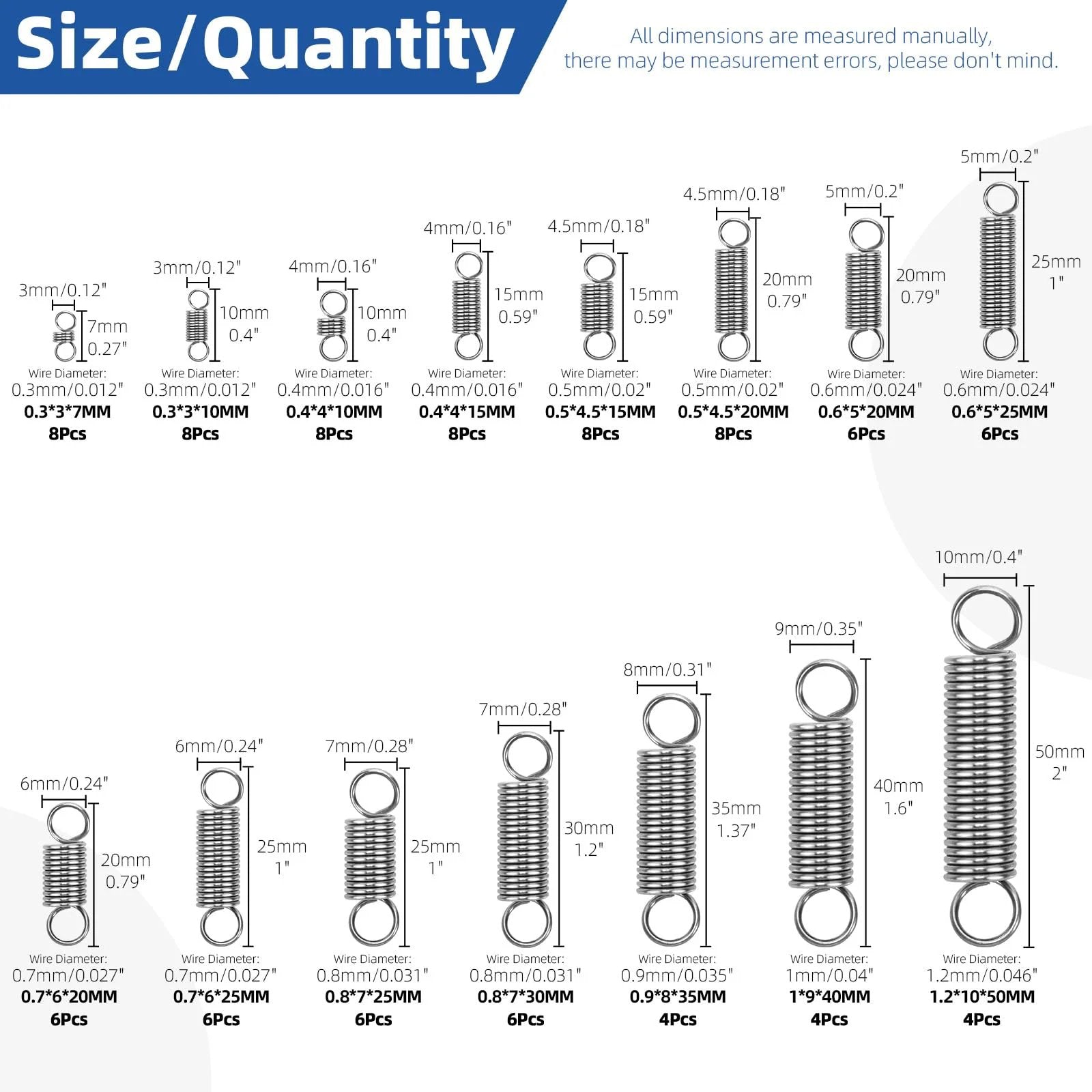 Stainless Steel Extension Springs Set With Double Hooks 96 Piece Assortment In 15 Sizes For Machinery Construction And Industrial Projects Perfect For Heavy Duty Tension And Reliable Linkage