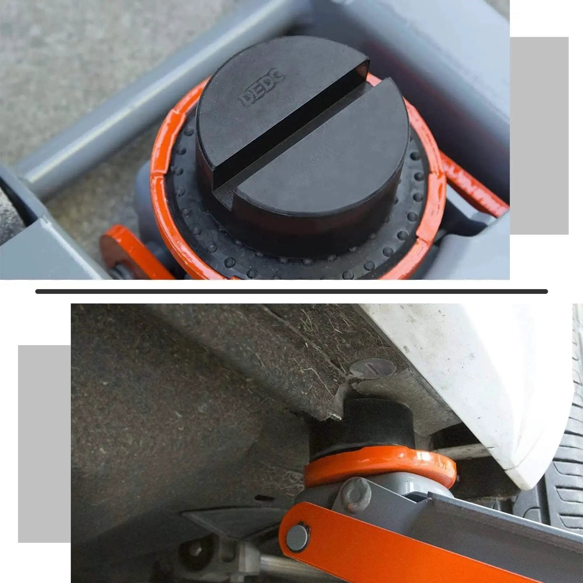 Universal Pinch Weld Jack Pad Adapter For Side Frame Rail Protector 2 Pack installed on car with black and red design
