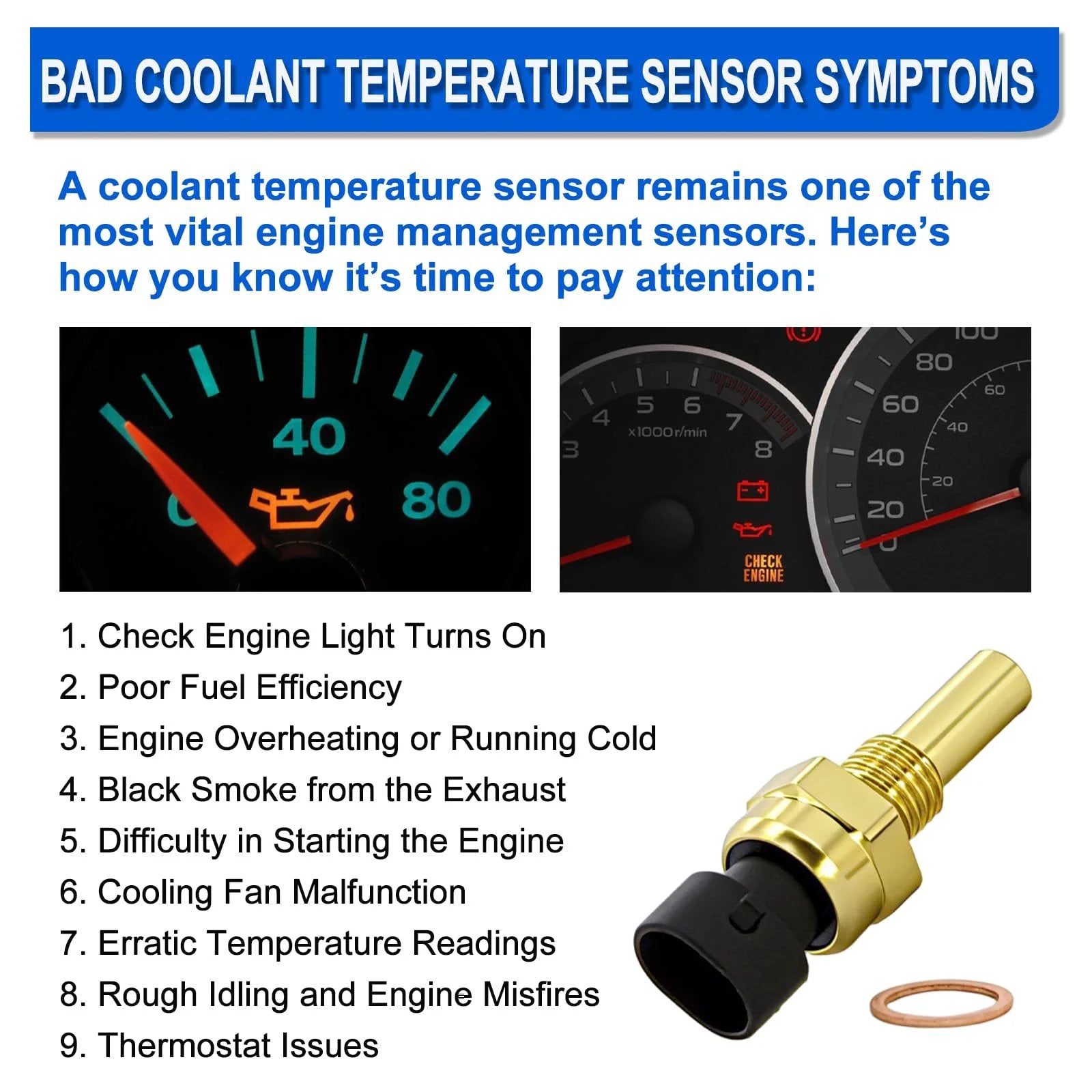 Image showing symptoms of bad coolant temperature sensor with gauges and a brass sensor, highlighting issues in engines.