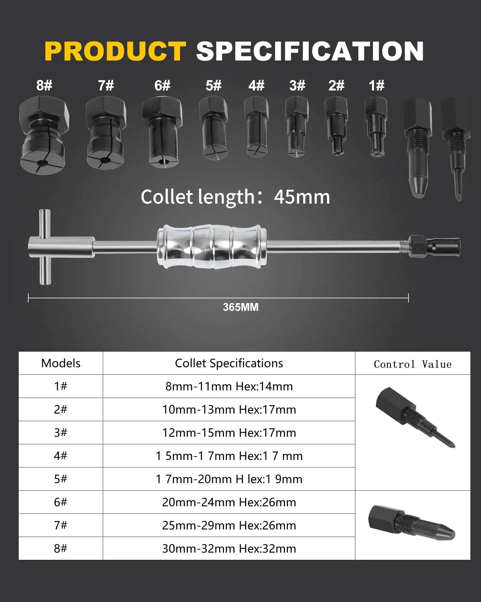 Blind Hole Bearing Puller Set for Bicycles and Motor Vehicles showing slide hammer, 8-32mm collets, and specifications chart.