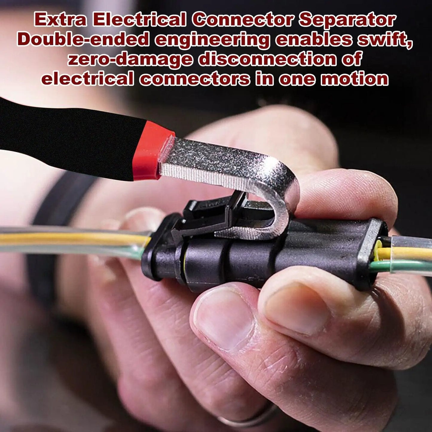 Close-up of 4 Piece Automotive Electrical Disconnect Pliers Set 37960 Straight 37980 60 Degree 13120 Dual Head in use on electrical connector.