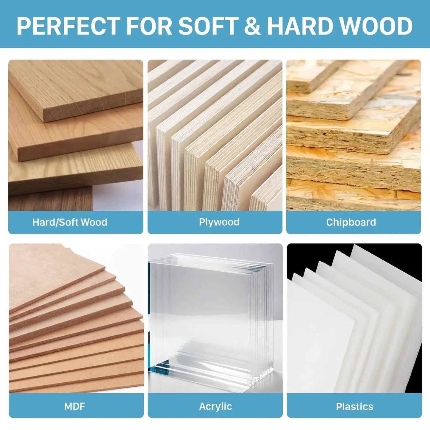 Image showing different materials ideal for use with a One Quarter Inch Shank Flush Trim Router Bit, including wood, plywood, and plastics.