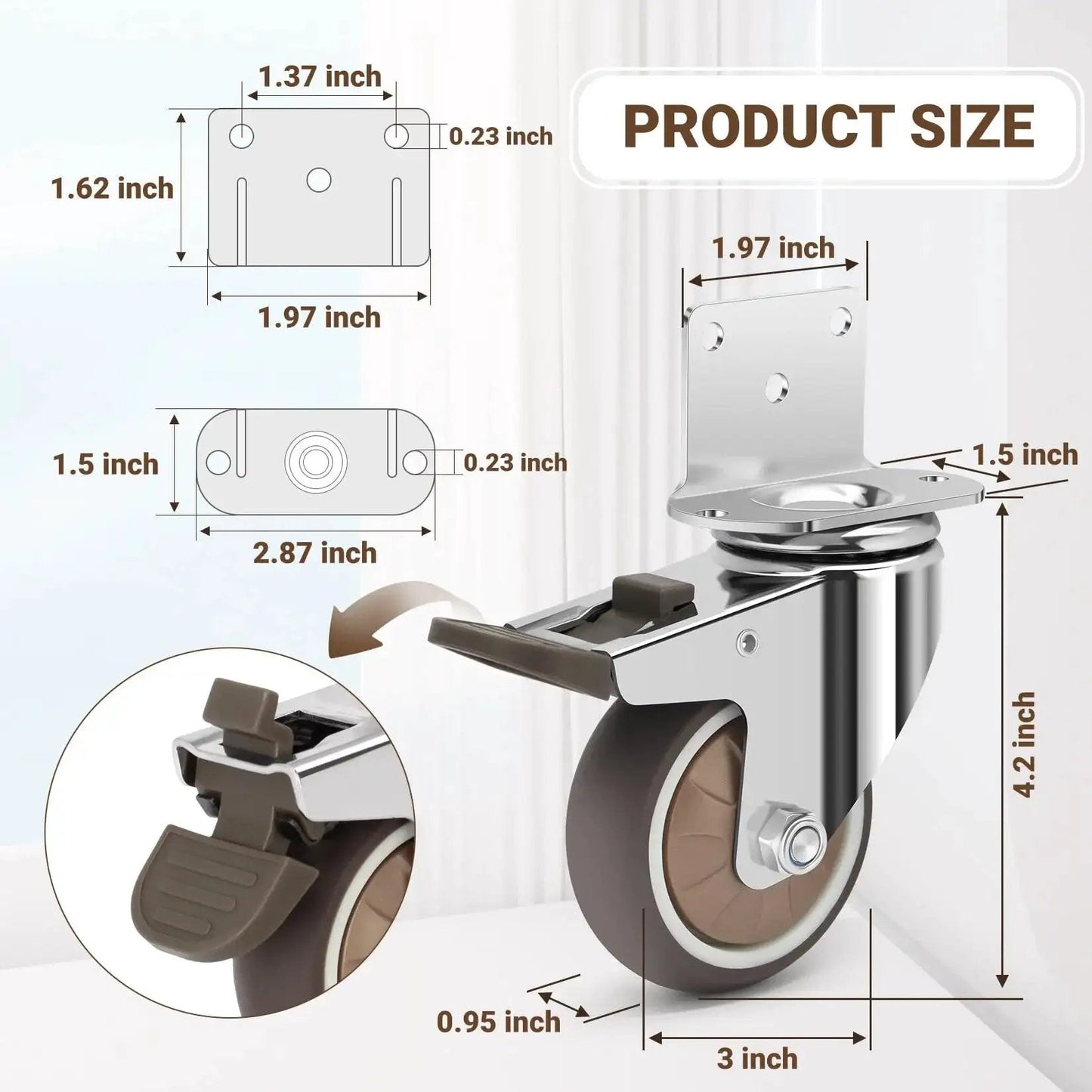Side Mount 3 Inch Caster Wheels Set Of 4 With Locking Brakes, dimensions and features displayed, including silent rubber caster for furniture.