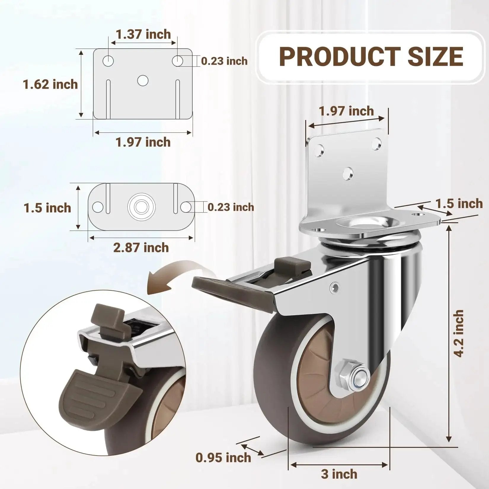 Side Mount 3 Inch Caster Wheels Set Of 4 With Locking Brakes, dimensions and features displayed, including silent rubber caster for furniture.