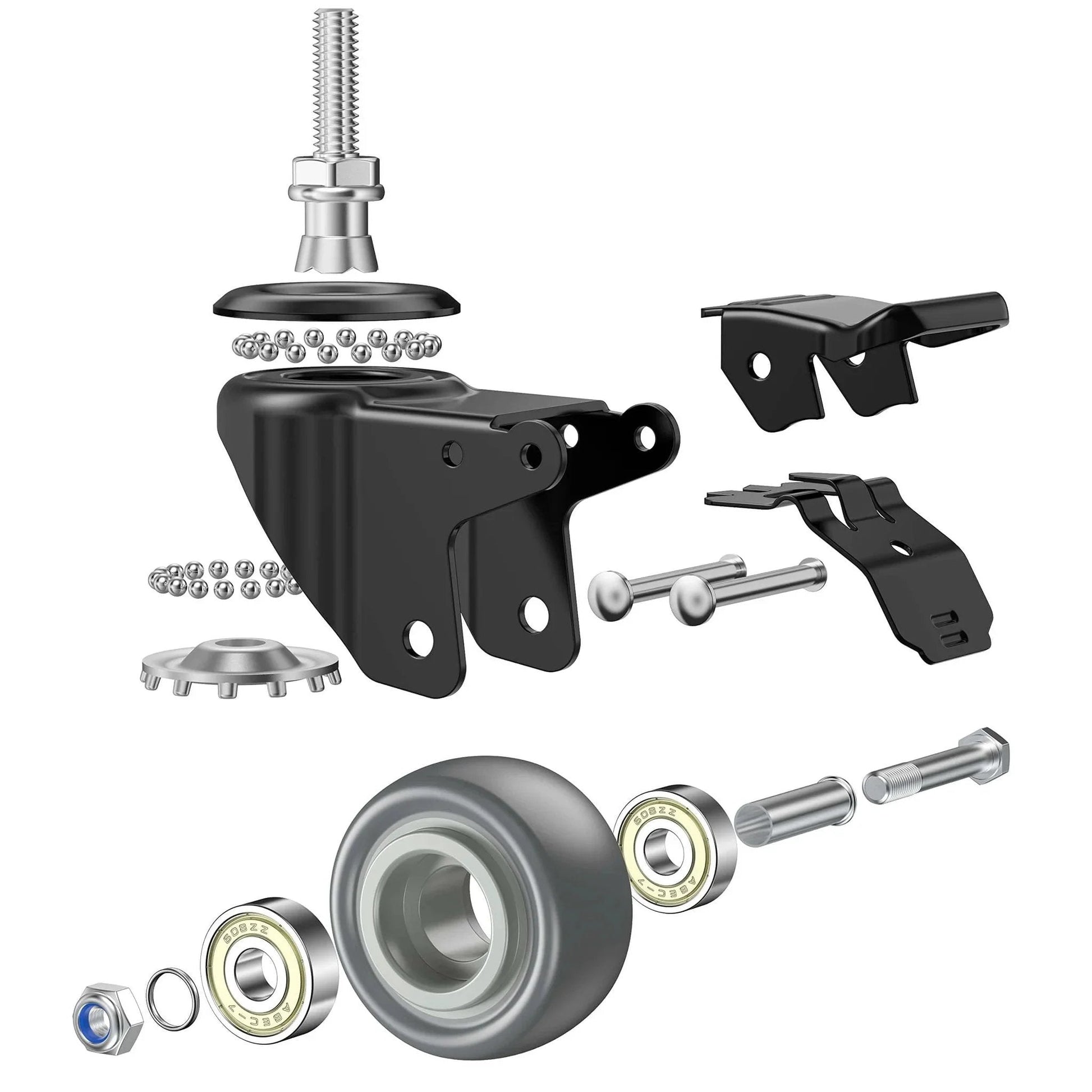 Exploded view of 2 Inch Swivel Caster Wheels 4 Pack M8 1.25 Threaded Stem 8mm Durable Rubber With Double Lock for Carpet and Hardwood