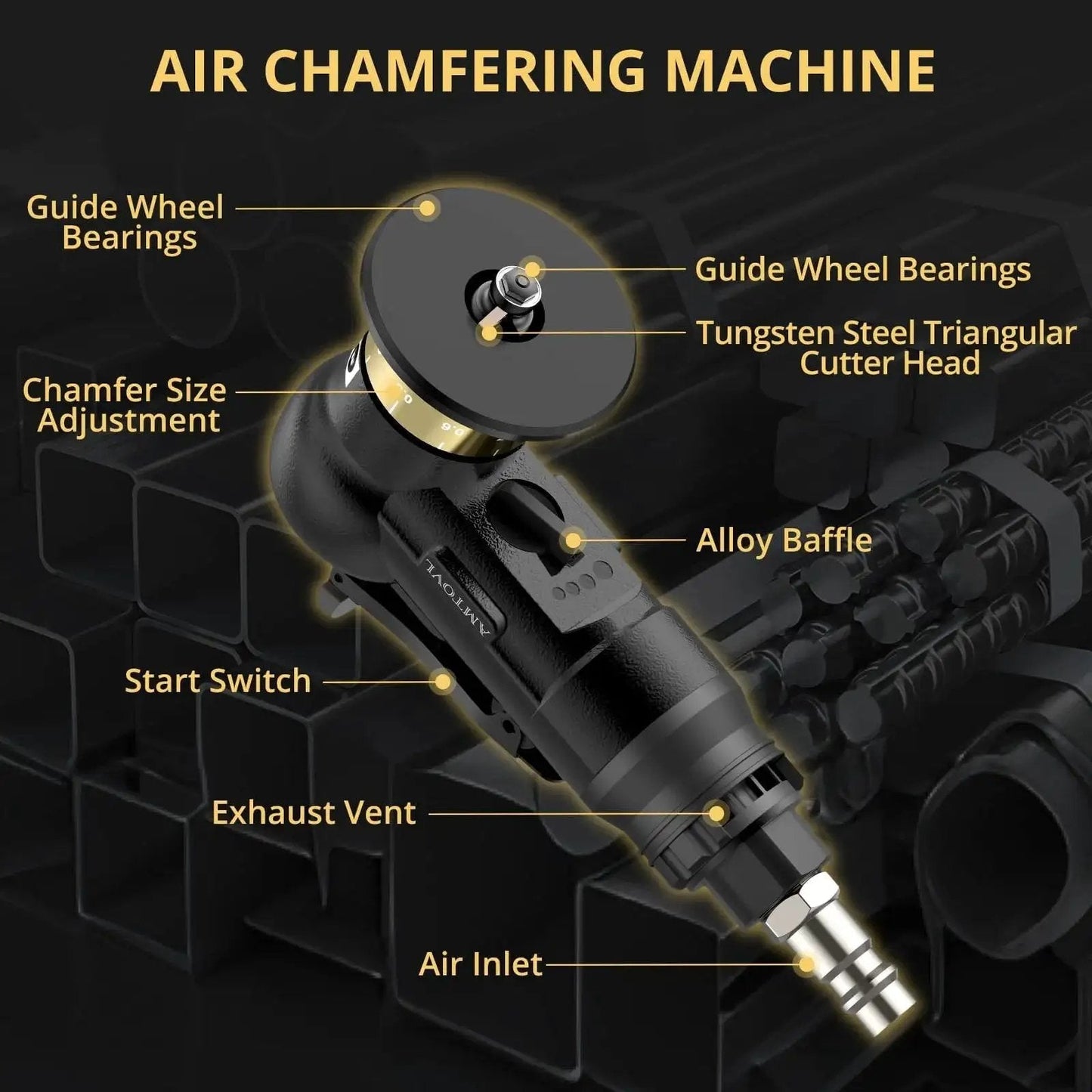 Ultra Compact Pneumatic Chamfering Tool Kit With Ten C Angle And Ten R Angle Blades Delivers Precise 0.1 To 0.5 Millimeter Right Angle Chamfers And 1.5 Millimeter Round Edge Chamfering For Metal And Wood, Speed Settings, 30,000 RPM, Quarter Inch Inlet