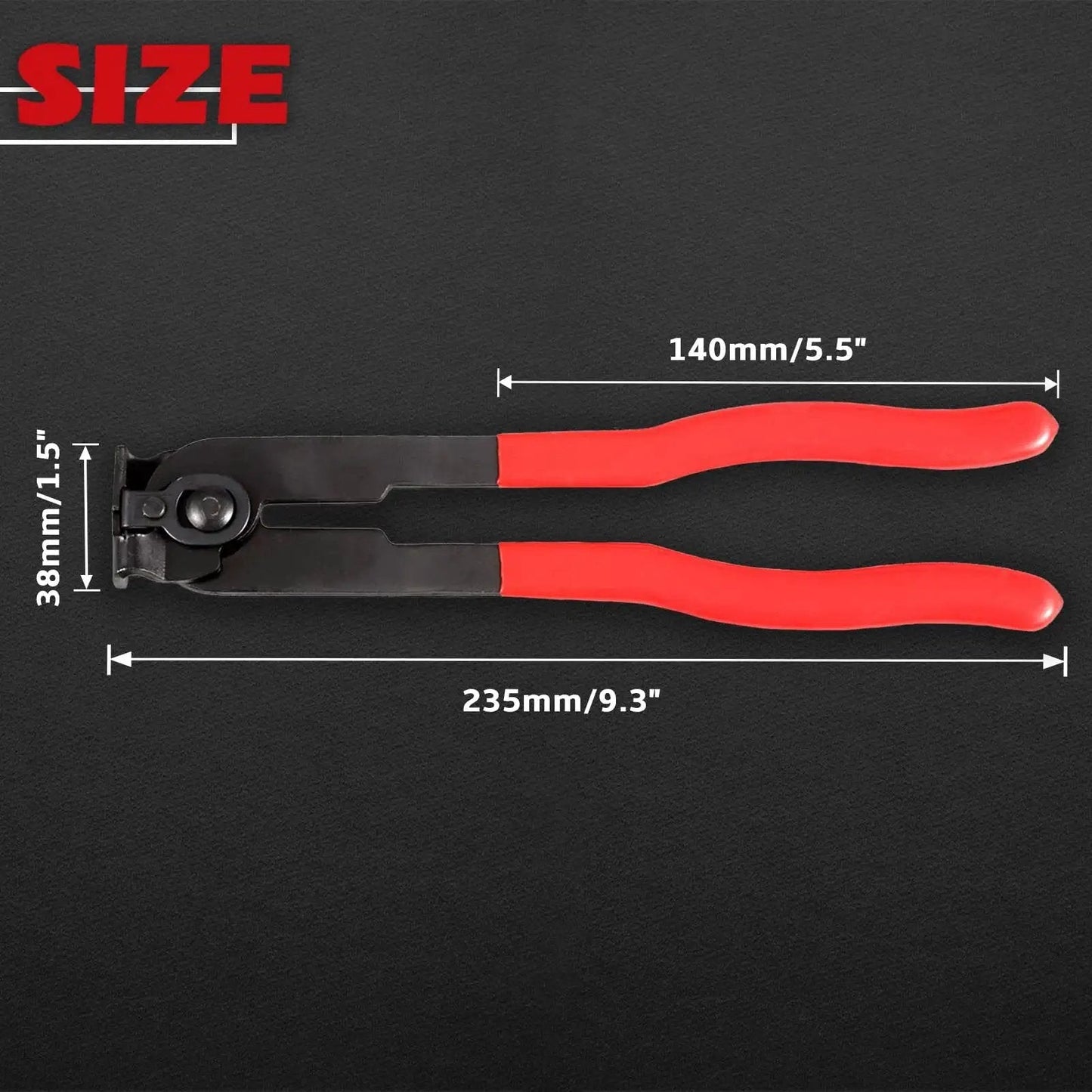All In One Pro Grade CV Joint Boot Clamp Pliers Kit With 31 Piece Stainless Steel Clamp Bands And Zip Ties For Cars And Auto Repair, Ideal For Ear Type Hose Clamps On Fuel Cooling And Vacuum Lines, Compatible With Most Vehicles SPEEDWOX. CV joint boot clamp pliers with red handles, size shown 235mm.