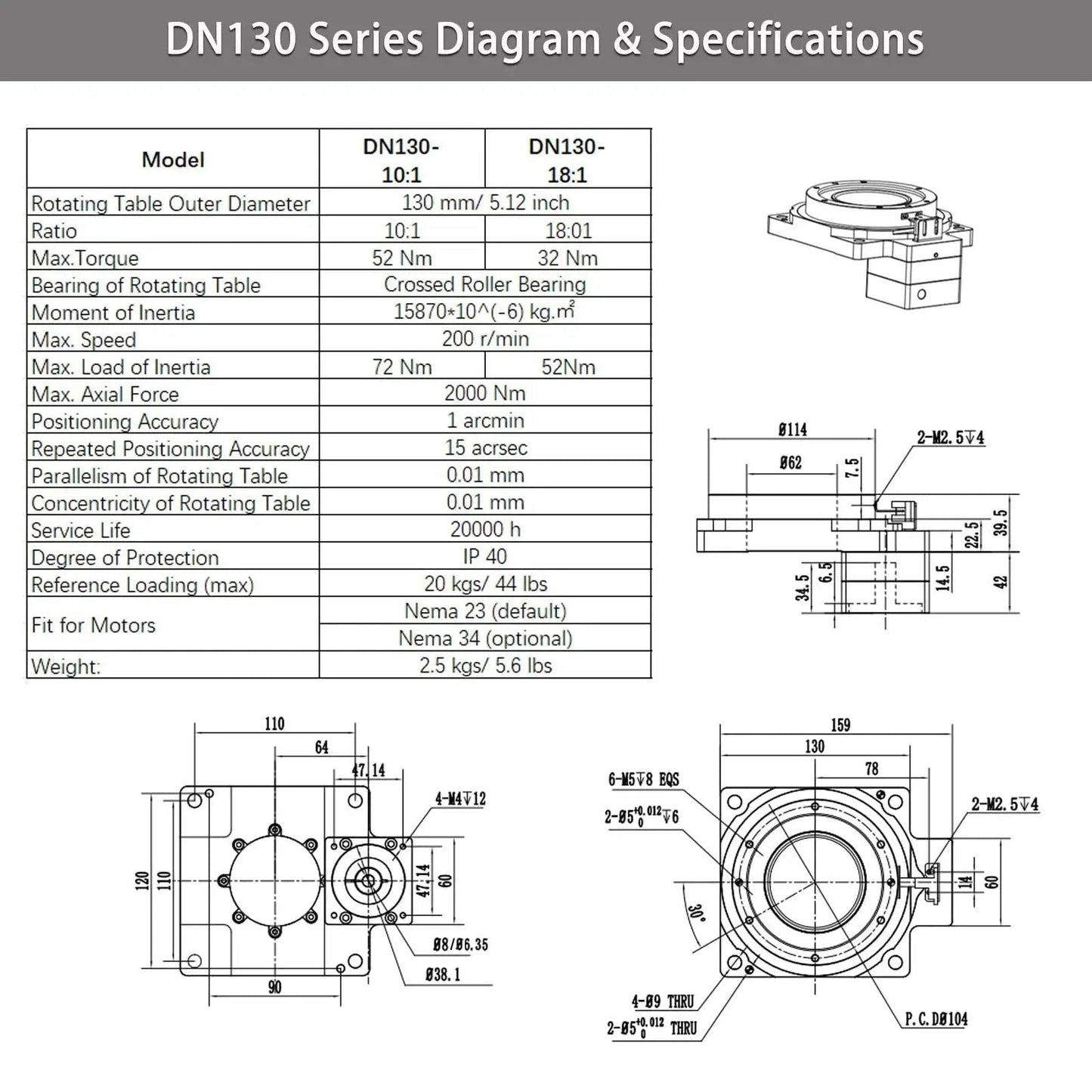 Diagram of Hollow Rotary Actuator with High Precision Rotating Platform specifications, 1 arcmin positioning, fits Nema 23 motor