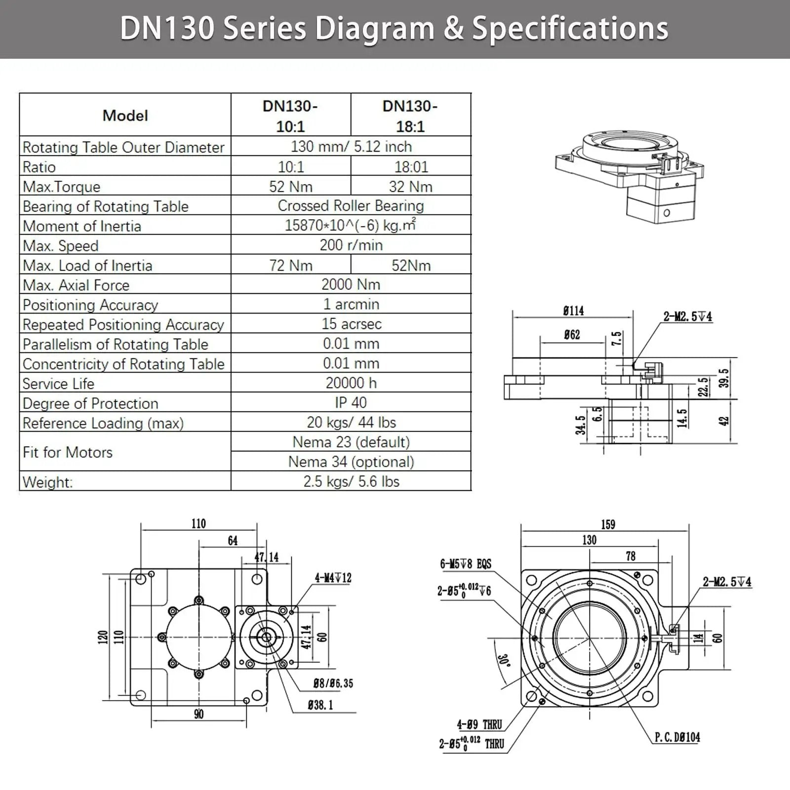 Diagram of Hollow Rotary Actuator with High Precision Rotating Platform specifications, 1 arcmin positioning, fits Nema 23 motor
