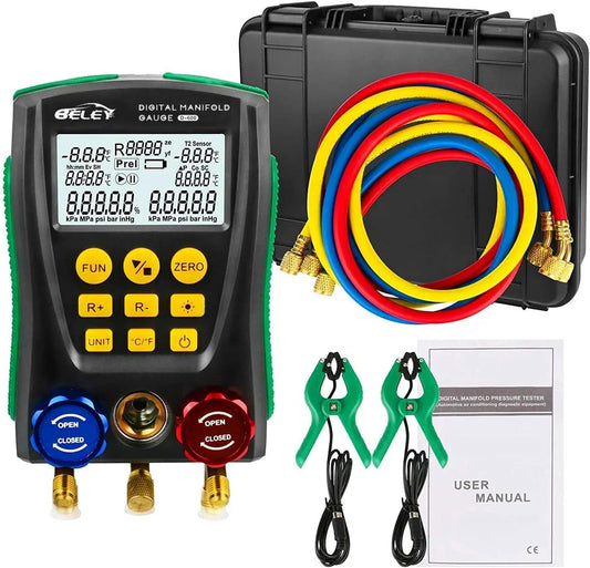 Digital Pro Grade HVAC Manifold Gauge Kit For Refrigerants With Dual Pressure And Temperature Tests Includes Temperature Clips And Hoses Vacuum AC Gauges For R1234YF R134A R404A R410A R32 R744 CO2 BELEY, displayed with hoses, clips, and manual.