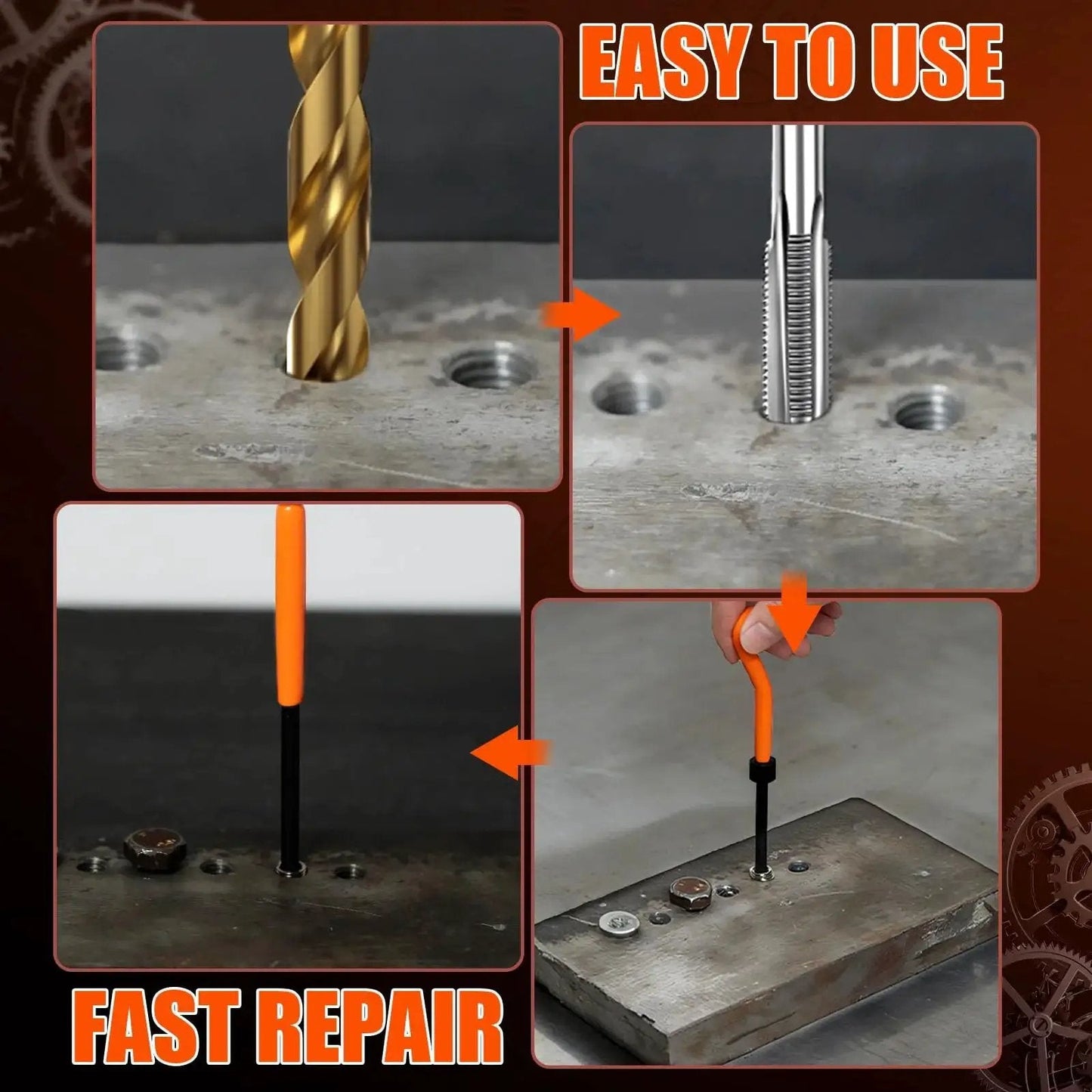 Thread Repair Kit With HSS Drill Bit And 30 Stainless Inserts M6x1 Rethreading showing drill and tap in metal surface