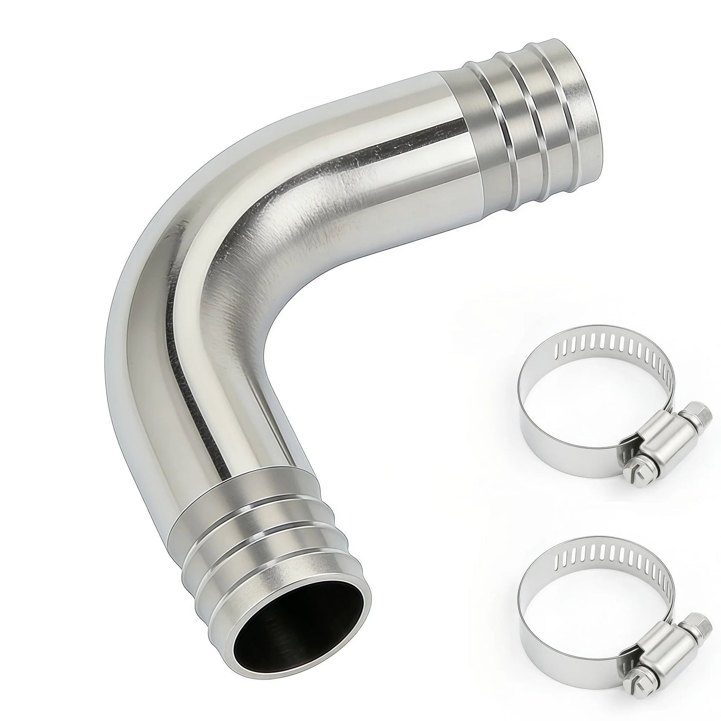 Stainless Steel Sanitary Hose Barb Fitting 2 Inch to 2 Inch 90 Degree Elbow Barbed Ends, Durable 304 Grade, Corrosion Resistant for Rubber Plastic TPU Hoses, Includes Two Hose Clamps, by Lophtnix