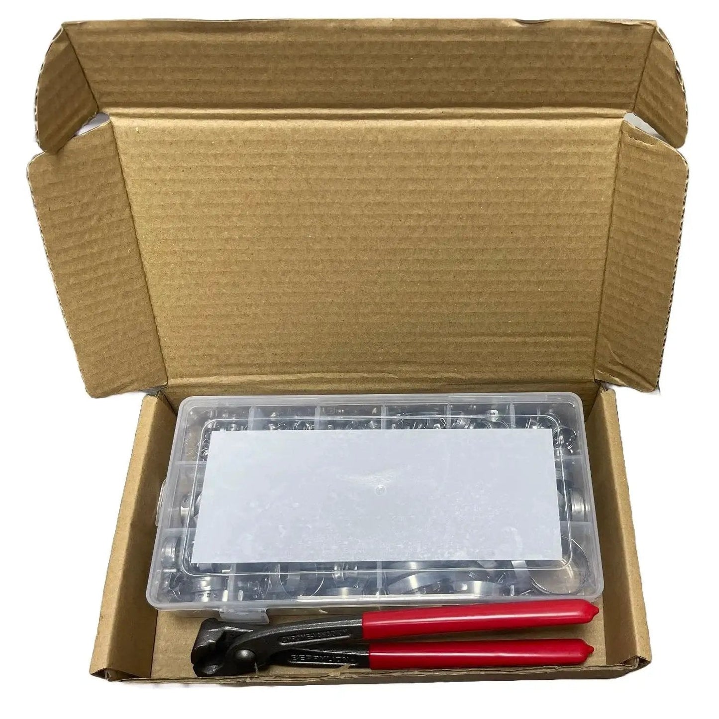 Open box showing All Purpose Hose Clamp Kit With Pincers Crimper Tool, 200 pcs, 304 stainless steel clamps, and red-handled pliers